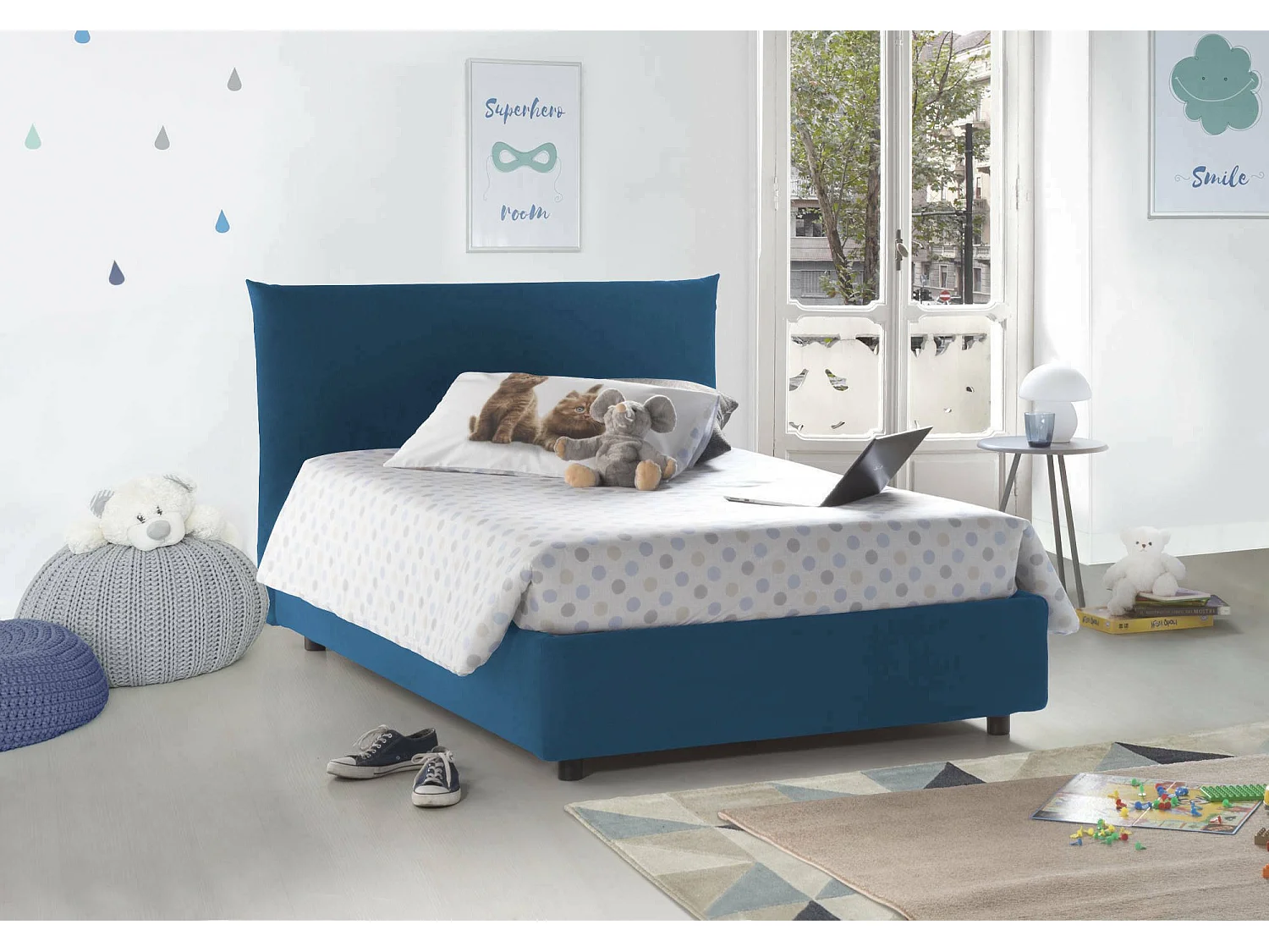 Lit double Creta, lit coffre avec revêtement en tissu, 100% Made in Italy, ouverture frontale, avec matelas 120x190 cm inclus, bleu