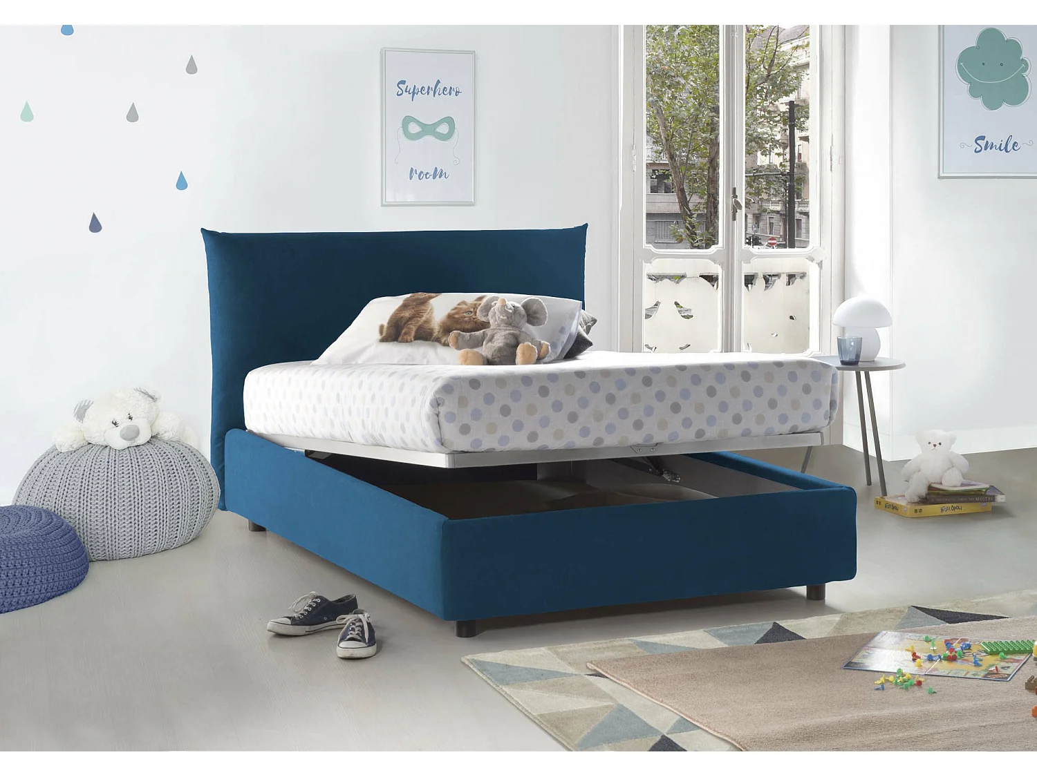Lit double Creta, lit coffre avec revêtement en tissu, 100% Made in Italy, ouverture frontale, avec matelas 120x190 cm inclus, bleu