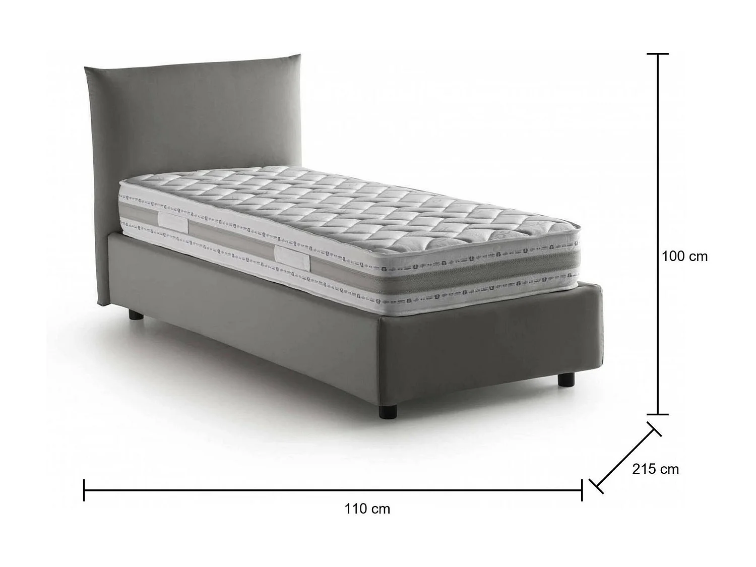 Lit simple Daisy, Lit coffre avec revêtement en tissu, 100% Made in Italy, Ouverture frontale, avec matelas 80x190 cm inclus, Gris