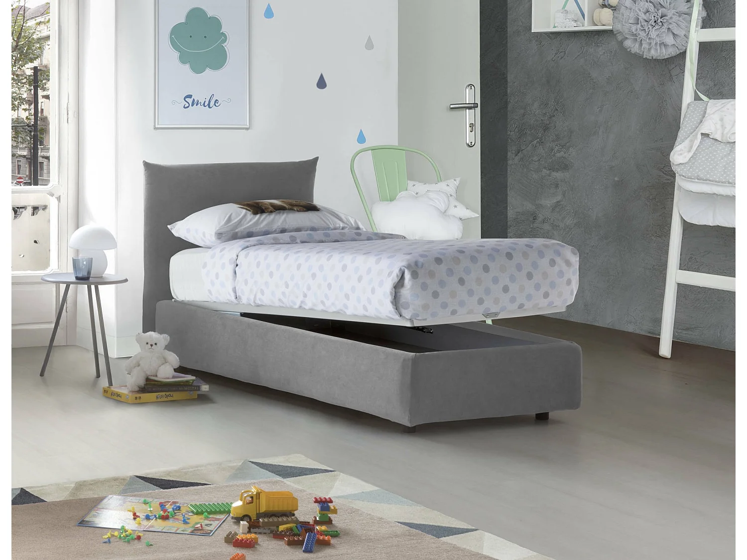 Lit simple Daisy, Lit coffre avec revêtement en tissu, 100% Made in Italy, Ouverture frontale, avec matelas 80x190 cm inclus, Gris