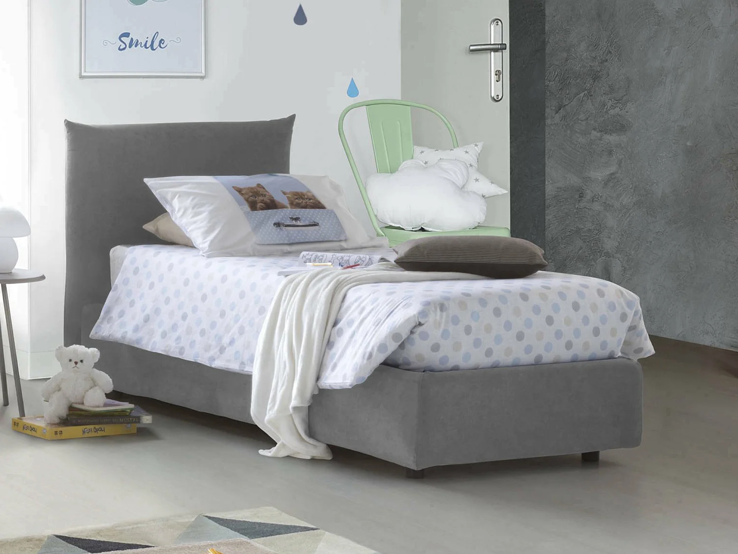 Cama individual Daisy, Cama contenedor con revestimiento de tela, 100% Made in Italy, Apertura frontal, con colchón 80x190 cm incluido, Gris