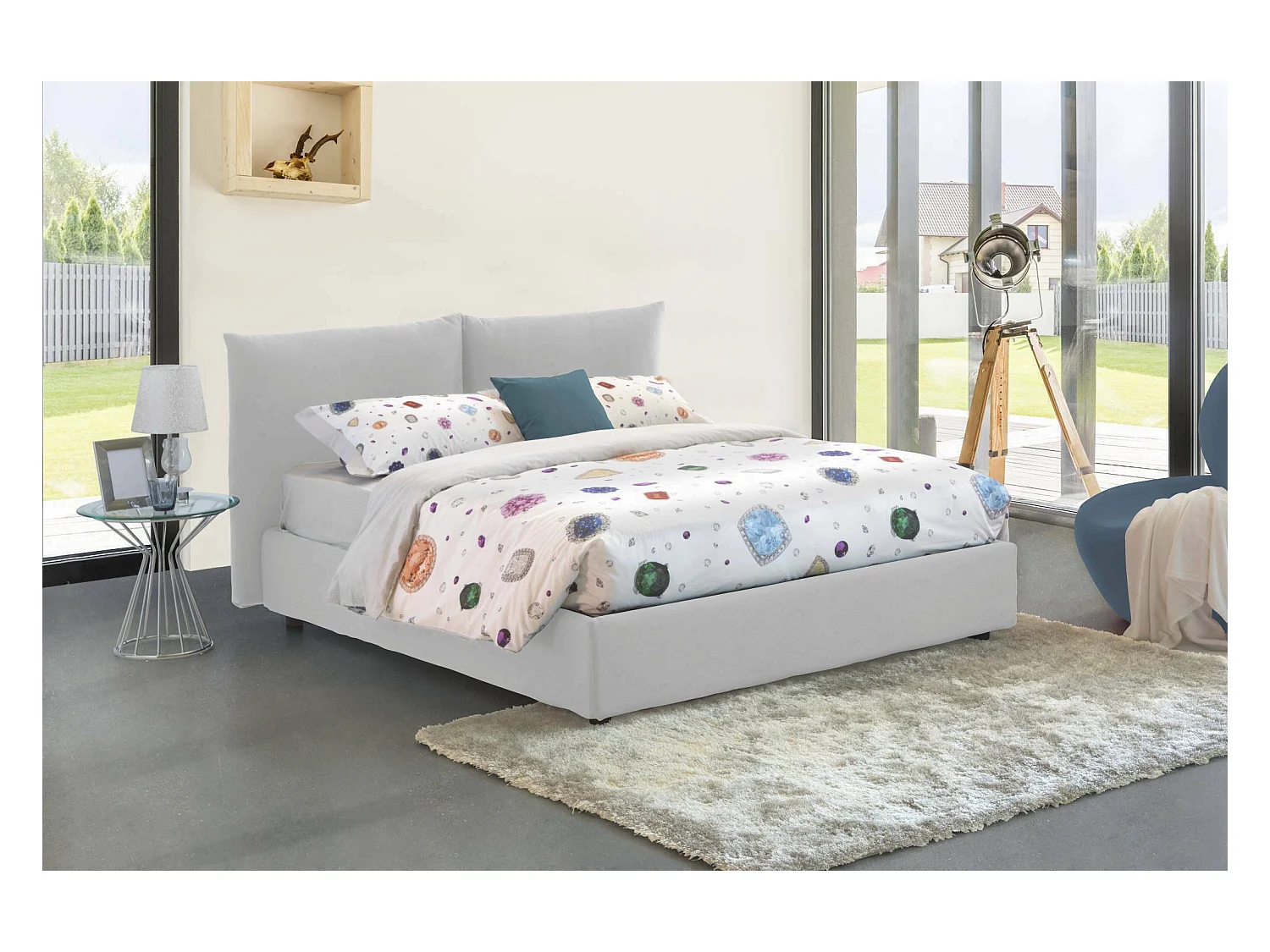 Lit double Cristyn, Lit coffre avec revêtement en tissu, 100% Made in Italy, Ouverture frontale, avec matelas 160x200 cm inclus, Blanc