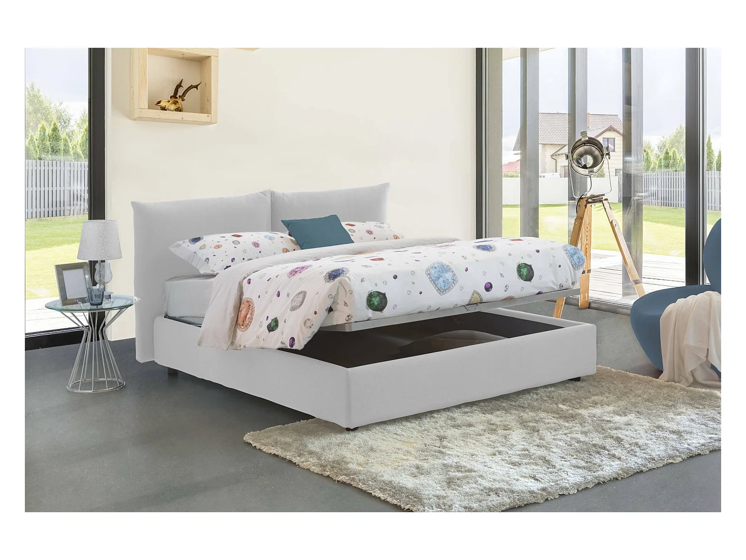 Lit double Cristyn, Lit coffre avec revêtement en tissu, 100% Made in Italy, Ouverture frontale, avec matelas 160x200 cm inclus, Blanc