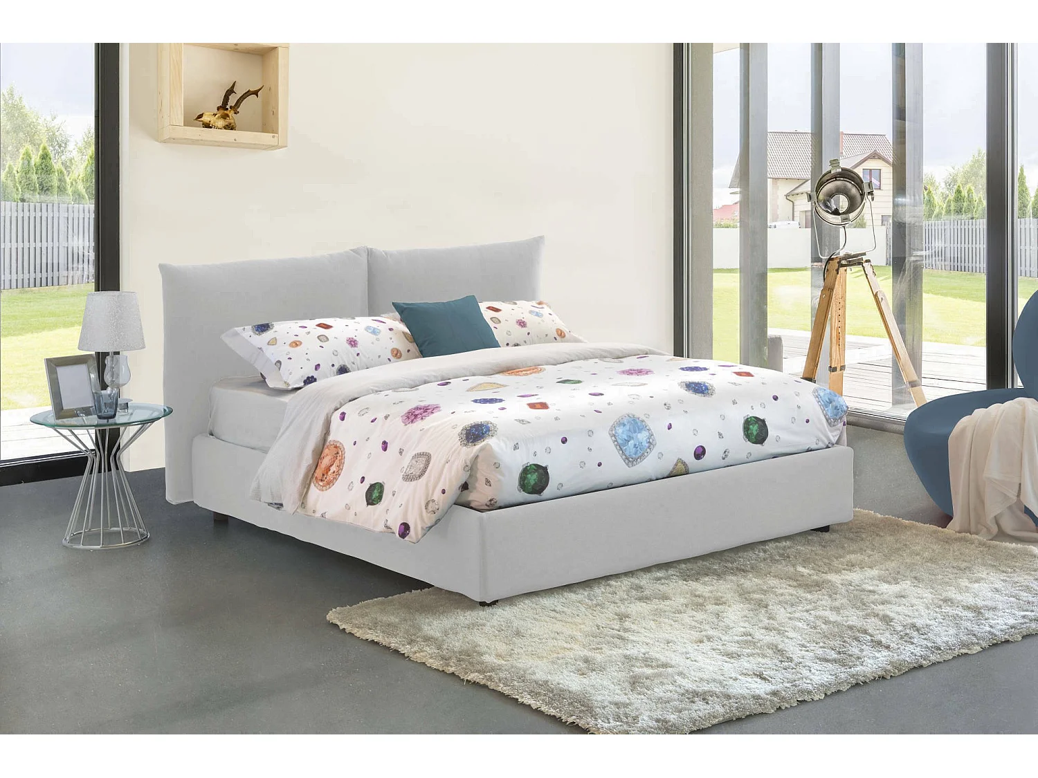 Cama de casal Cristyn, Cama de armazenamento com forro de tecido, 100% Fabricado na Itália, Abertura frontal, com colchão 160x200 cm incluído, Branco