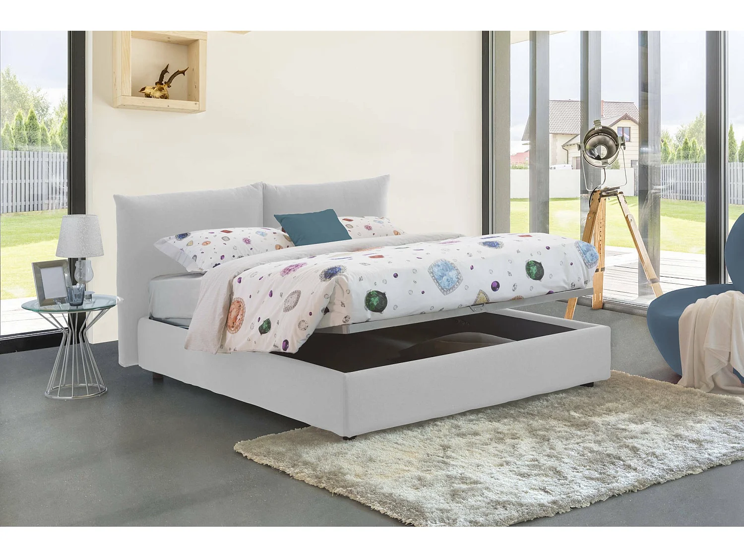 Cama de casal Cristyn, Cama de armazenamento com forro de tecido, 100% Fabricado na Itália, Abertura frontal, com colchão 160x200 cm incluído, Branco