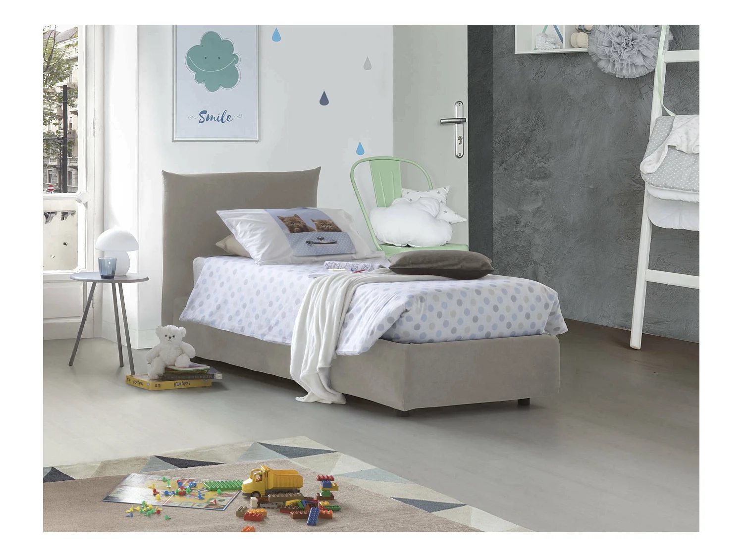 Daisy eenpersoonsbed, Opbergbed met stoffen bekleding, 100% Made in Italy, Opening aan de voorzijde, inclusief matras van 80x190 cm, Beige