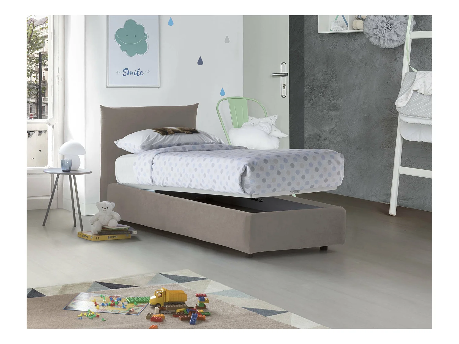 Daisy eenpersoonsbed, Opbergbed met stoffen bekleding, 100% Made in Italy, Opening aan de voorkant, inclusief matras 80x190 cm, Taupe