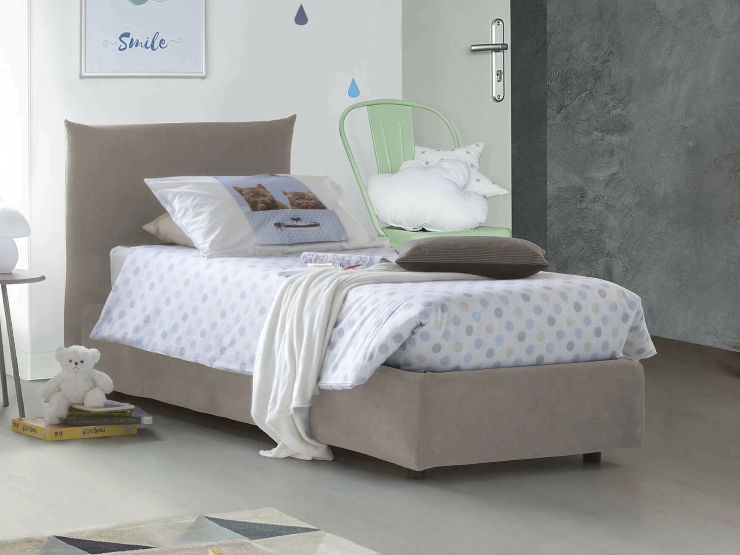 Cama individual Daisy, Cama contenedor con revestimiento de tela, 100% Made in Italy, Apertura frontal, con colchón 80x190 cm incluido, Tórtola