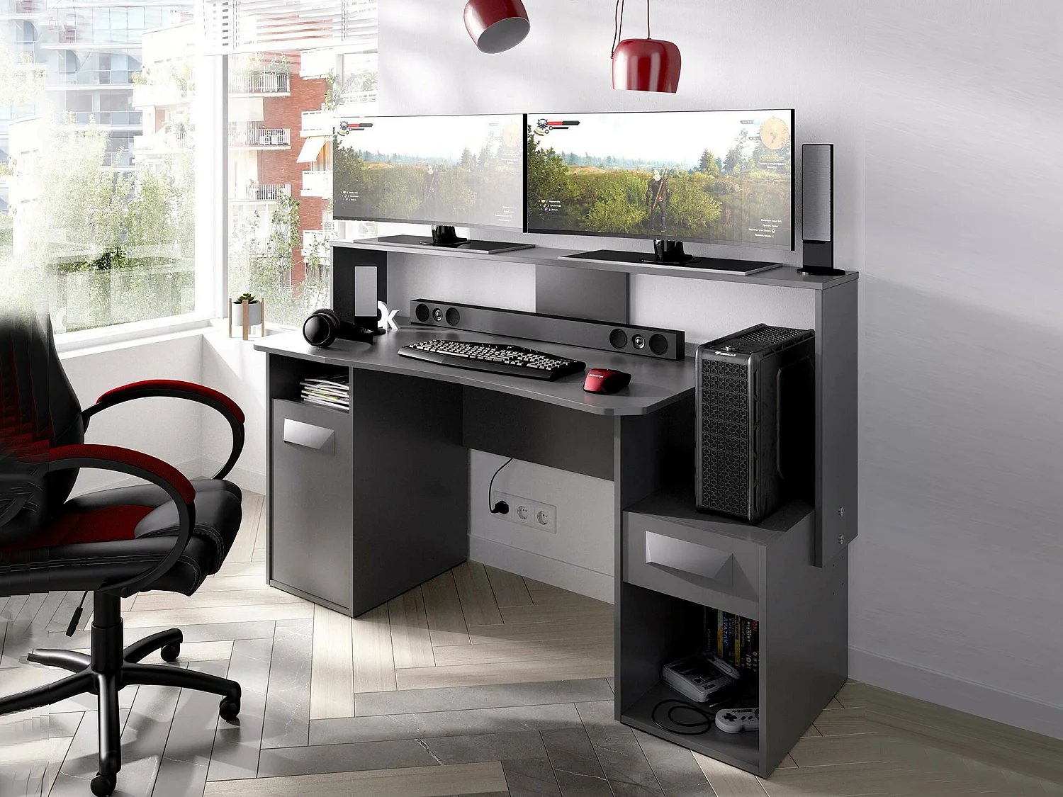 Bureau Dgorin, bureau de jeu multifonction moderne, table d'étude pour PC et support CD, 154x69h98 cm, Anthracite, sans lumières LED