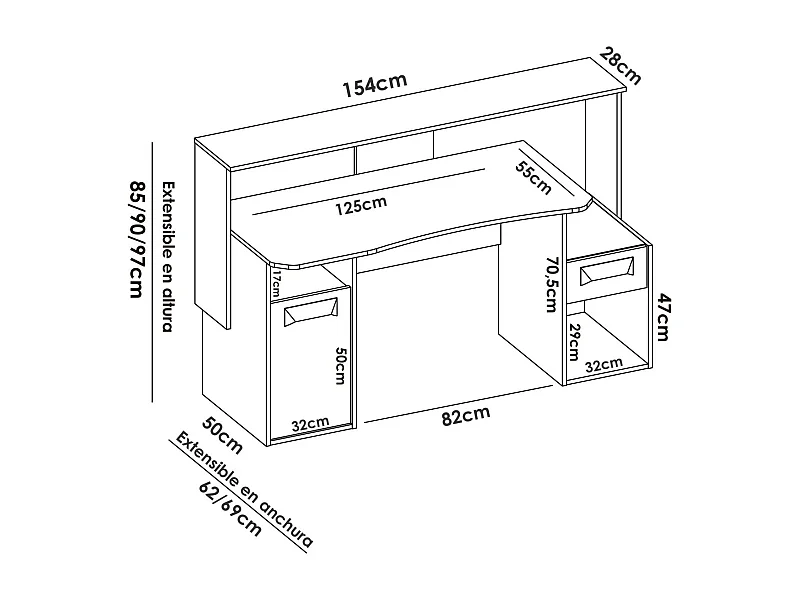 Schreibtisch Dgorin, moderner Multifunktions-Gaming-Schreibtisch, Studiertisch für PC und CD-Halter, 154 x 69 x 98 cm, Anthrazit, ohne LED-Leuchten