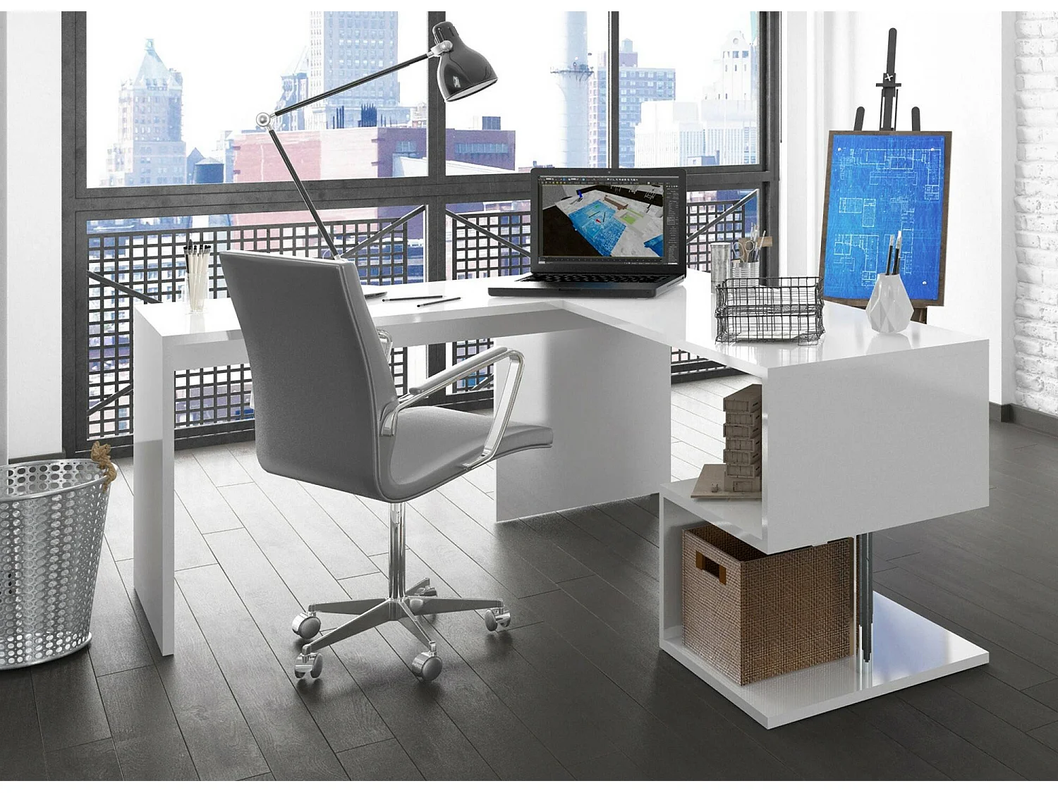 Bureau Dabius, Bureau PC linéaire, Table de bureau polyvalente, Bureau peu encombrant, 100% Made in Italy, 160x60h78 cm, Blanc brillant