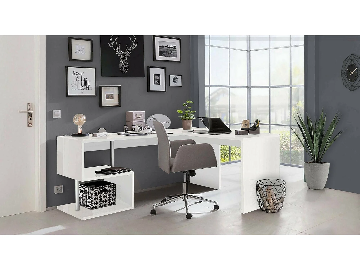 Bureau Dabius, Bureau PC linéaire, Table de bureau polyvalente, Bureau peu encombrant, 100% Made in Italy, 160x60h78 cm, Blanc brillant