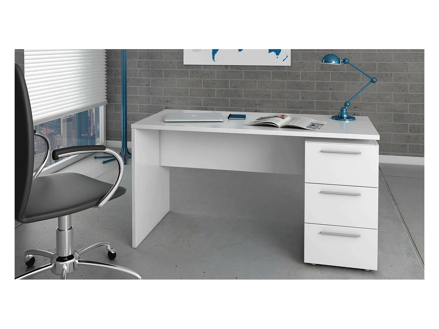 Bureau Dbuttar, Bureau moderne, Table d'étude avec commode avec 2 tiroirs et 1 porte, 138x60h74 cm, Blanc