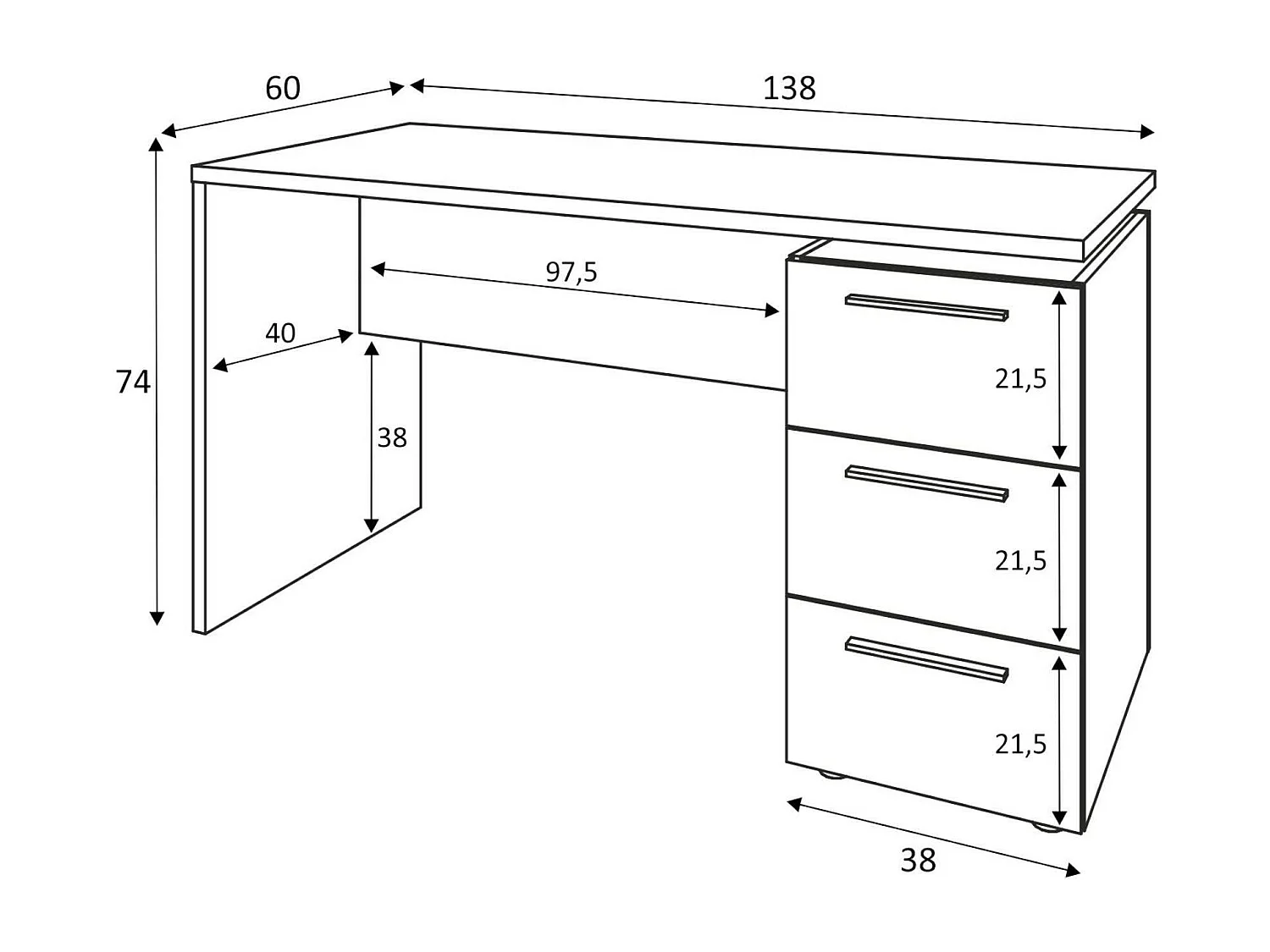 Schreibtisch Dbuttar, Moderner Schreibtisch, Studiertisch mit Kommode mit 2 Schubladen und 1 Tür, 138x60h74 cm, WeiÃŸ