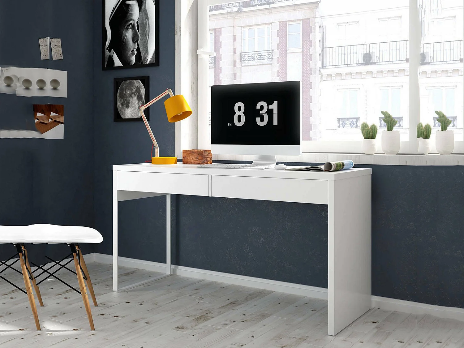 Dfattor Bureau, multifunctioneel omkeerbaar bureau, pc-studeertafel met 2 laden, 138x50h75 cm, wit