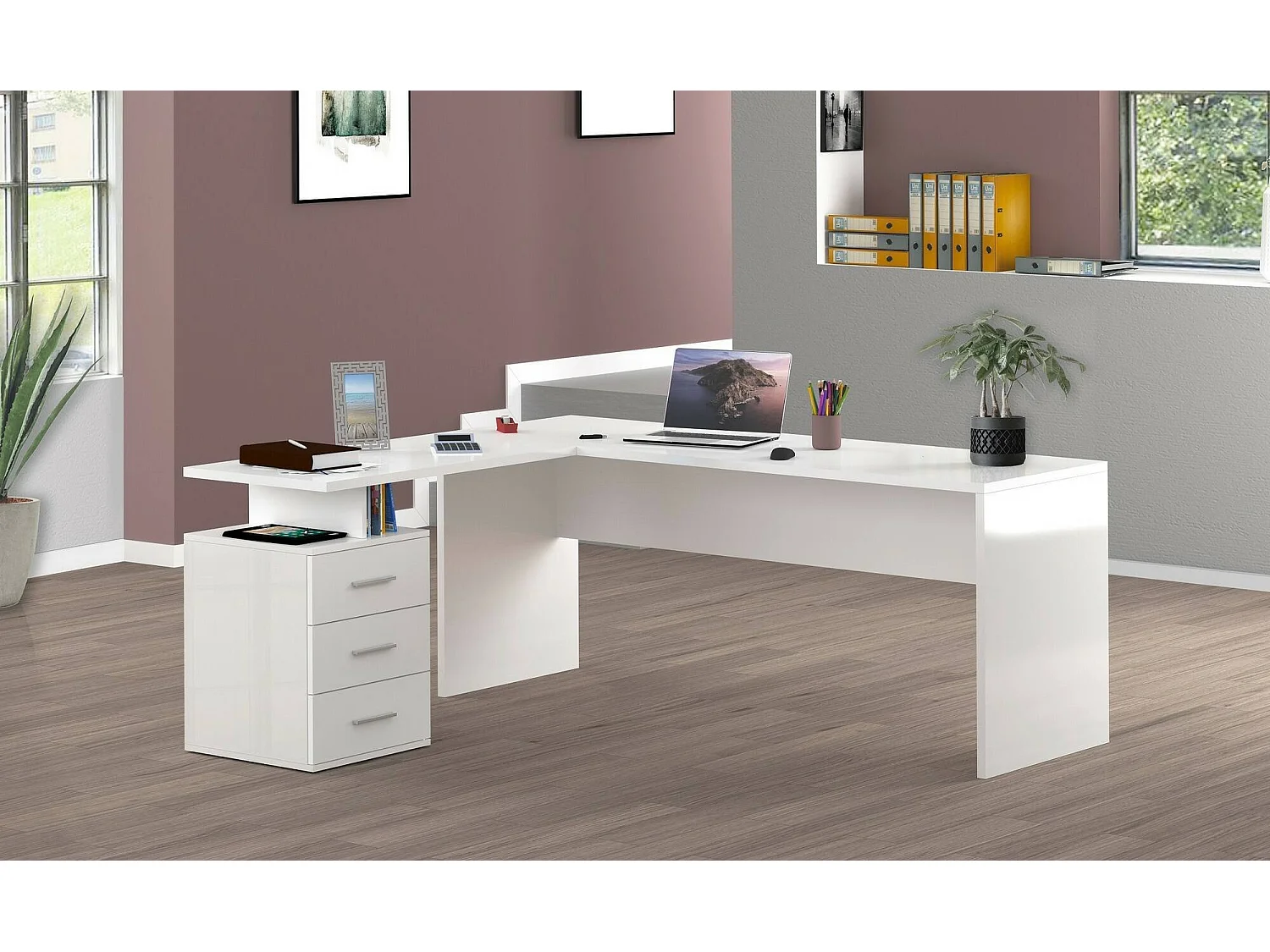 Dguarin bureau, PC-hoekbureau, Multifunctionele kantoortafel, Ruimtebesparend bureau met meerdere posities, 100% Made in Italy, 160x60h75 cm, Glanzend wit