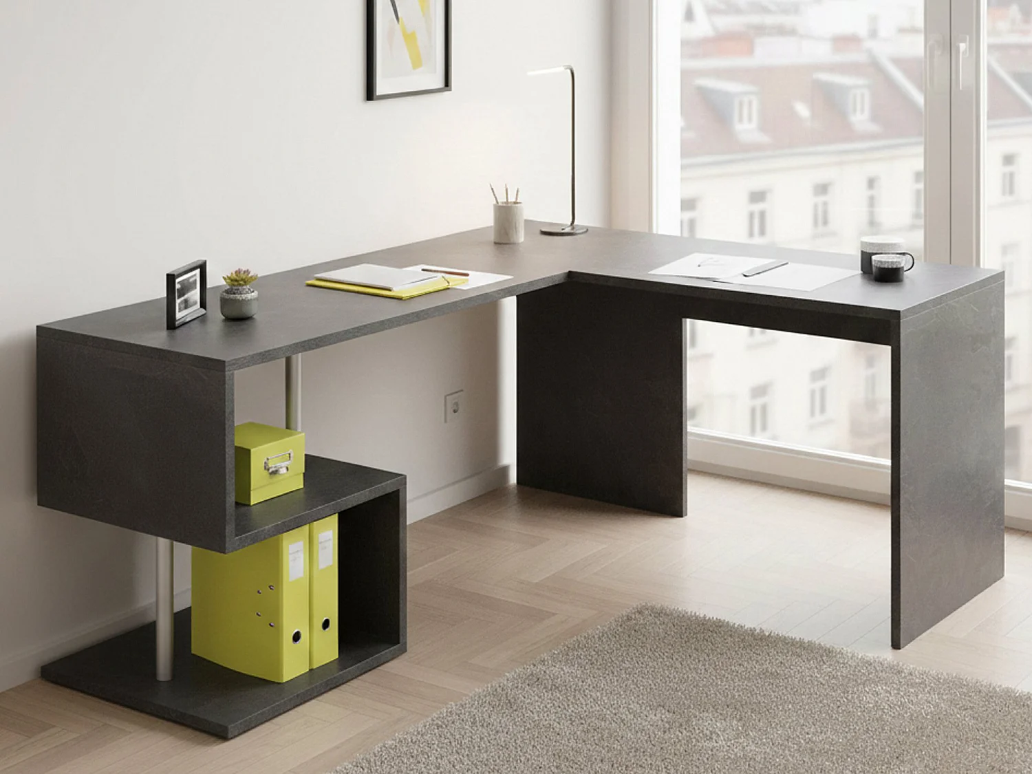 Bureau Dmassaro, Bureau d'angle PC, Table de bureau polyvalente, Bureau gain de place multi-positions, 100% Made in Italy, 160x60h78 cm, Ardoise