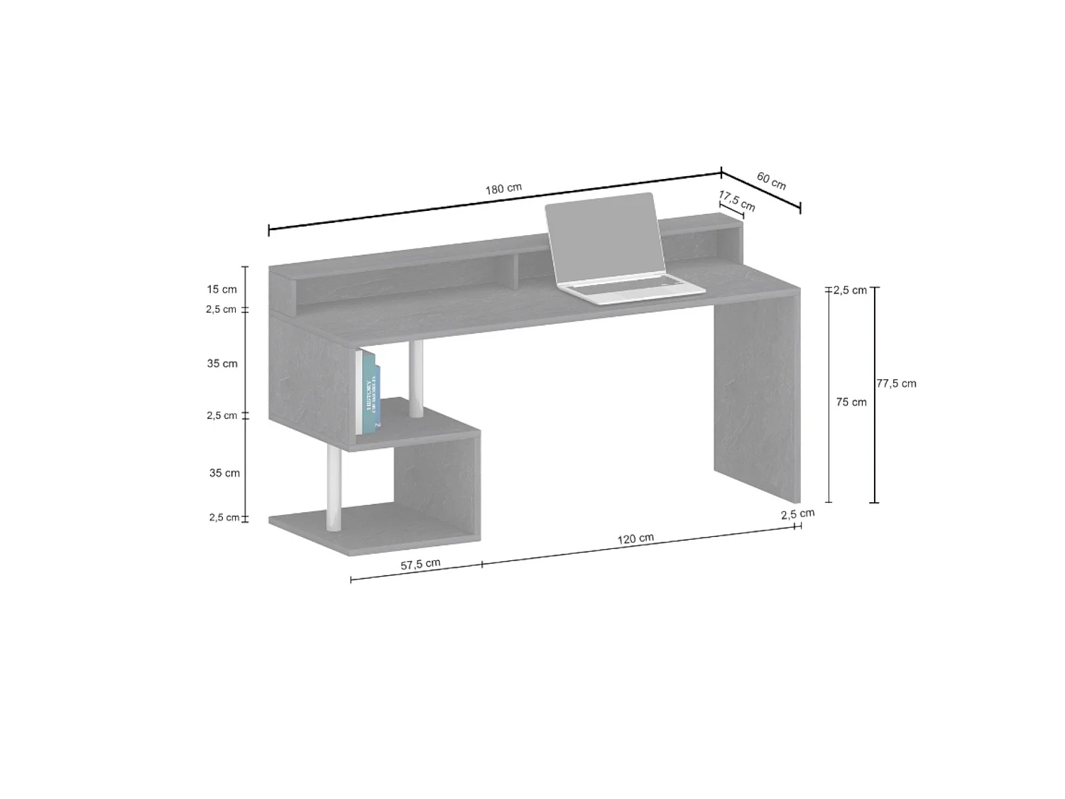 Dmarusi bureau, Lineair pc-bureau, Multifunctionele kantoortafel, Ruimtebesparend bureau met meerdere posities, 100% gemaakt in Italië, 180x60h78 cm, Glanzend wit