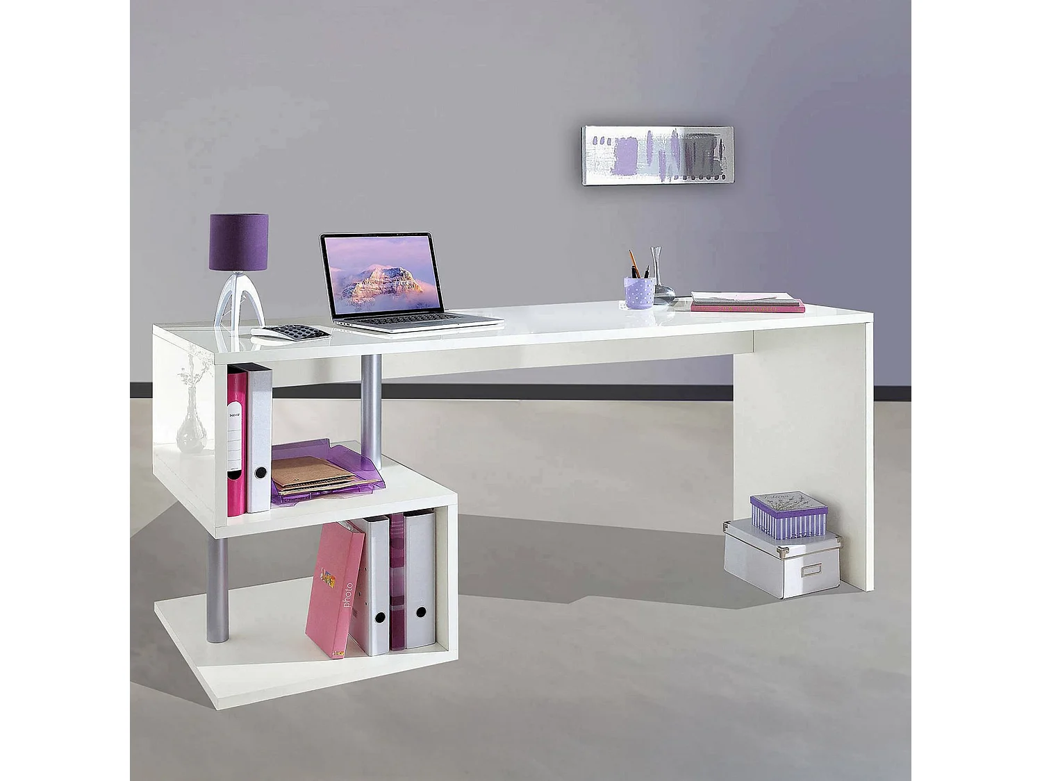 Dmarusi bureau, Lineair pc-bureau, Multifunctionele kantoortafel, Ruimtebesparend bureau met meerdere posities, 100% gemaakt in Italië, 180x60h78 cm, Glanzend wit