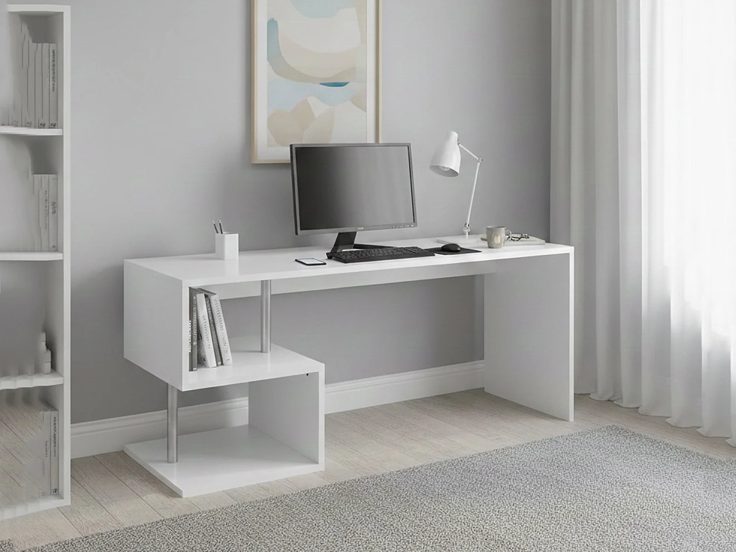 Dmarusi bureau, Lineair pc-bureau, Multifunctionele kantoortafel, Ruimtebesparend bureau met meerdere posities, 100% gemaakt in Italië, 180x60h78 cm, Glanzend wit