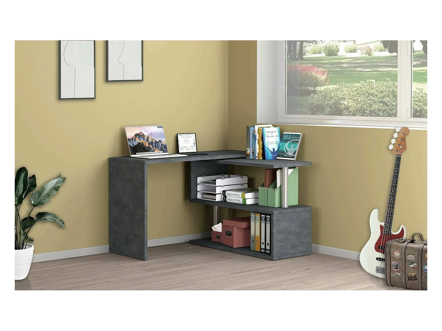 Dascagn bureau, Hoek PC-bureau, Multifunctionele kantoortafel, Ruimtebesparend bureau met meerdere posities, 100% Made in Italy, 120x50h75 cm, Antraciet