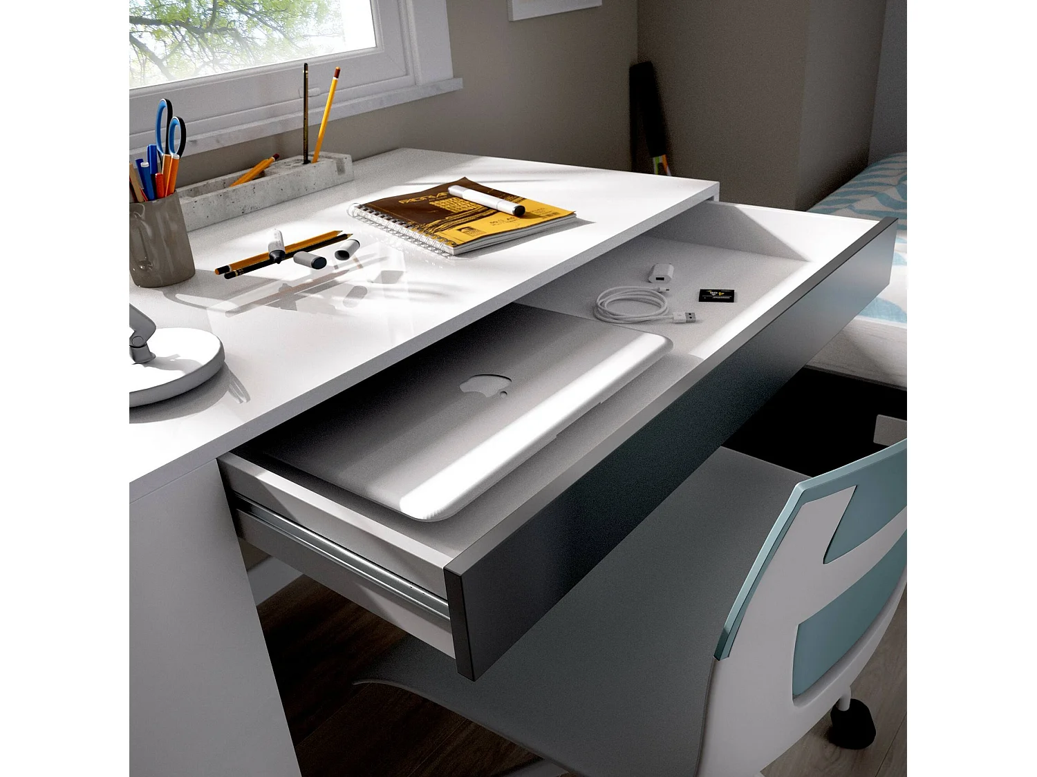 Dfalc Bureau, Multifunctioneel bureau voor kantoor of slaapkamer, Lineaire studeertafel met planken, 115x50h74 cm, Wit en Antraciet