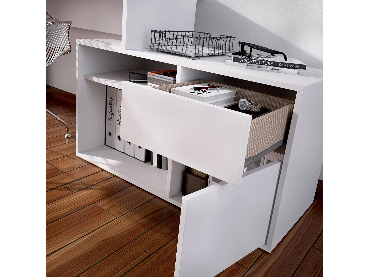 Mesa Ddiaw, Mesa multiposições para escritório ou quarto, Mesa de estudo multifuncional de canto, 139x92h75 cm, Branco