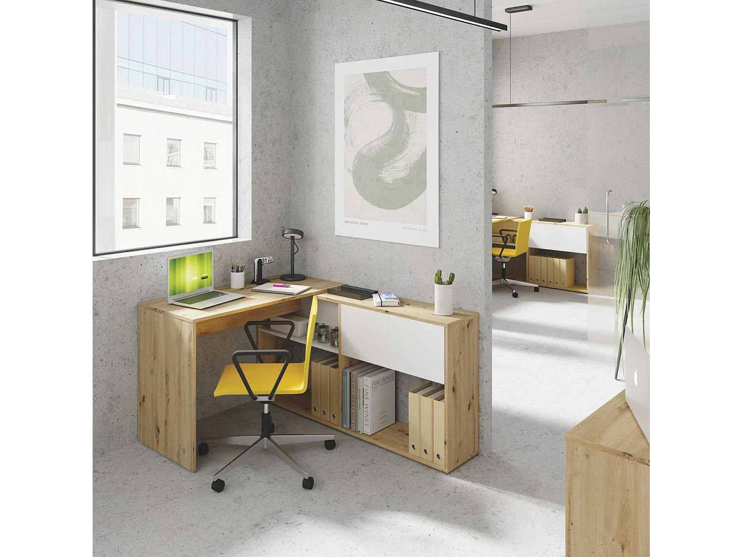 Dmangn Bureau, Multifunctioneel omkeerbaar hoekbureau met boekenkast, Multi-positie studeer- of kantoortafel, 108x70h140 cm, Wit en geknoopt eiken