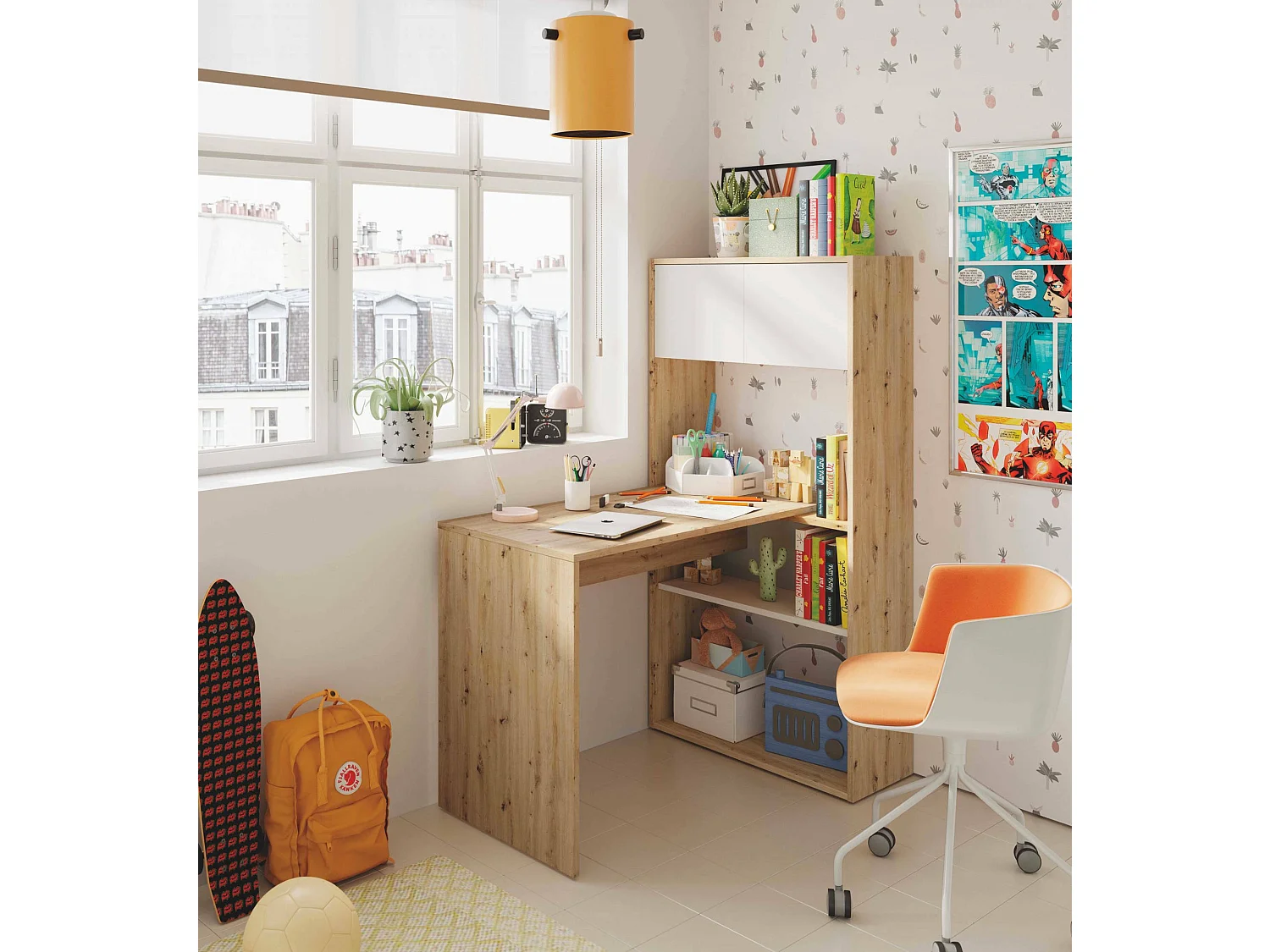 Bureau Dmangn, Bureau d'angle réversible multifonctionnel avec bibliothèque, Table d'étude ou de bureau multi-positions, 108x70h140 cm, Chêne blanc et noué