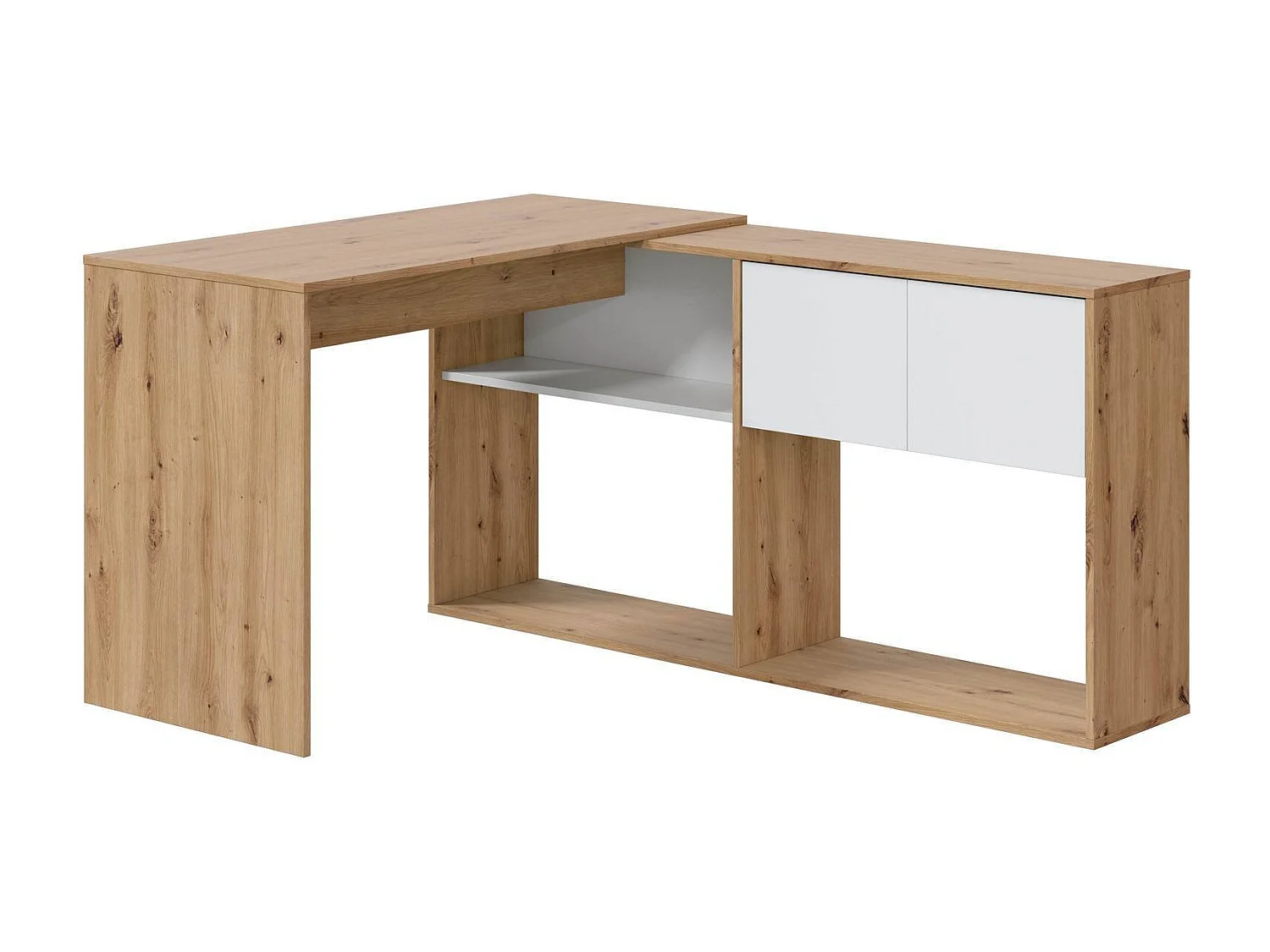 Dmangn Bureau, Multifunctioneel omkeerbaar hoekbureau met boekenkast, Multi-positie studeer- of kantoortafel, 108x70h140 cm, Wit en geknoopt eiken