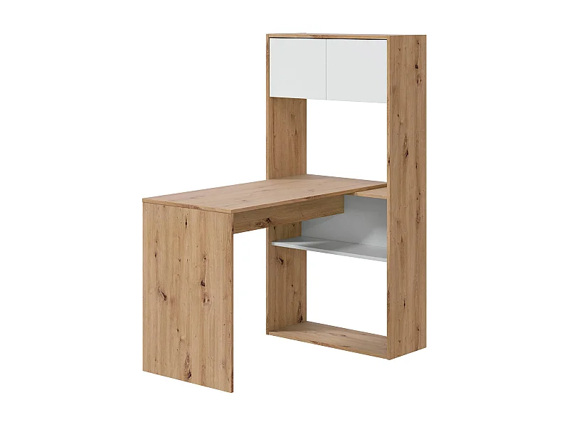 Dmangn Bureau, Multifunctioneel omkeerbaar hoekbureau met boekenkast, Multi-positie studeer- of kantoortafel, 108x70h140 cm, Wit en geknoopt eiken