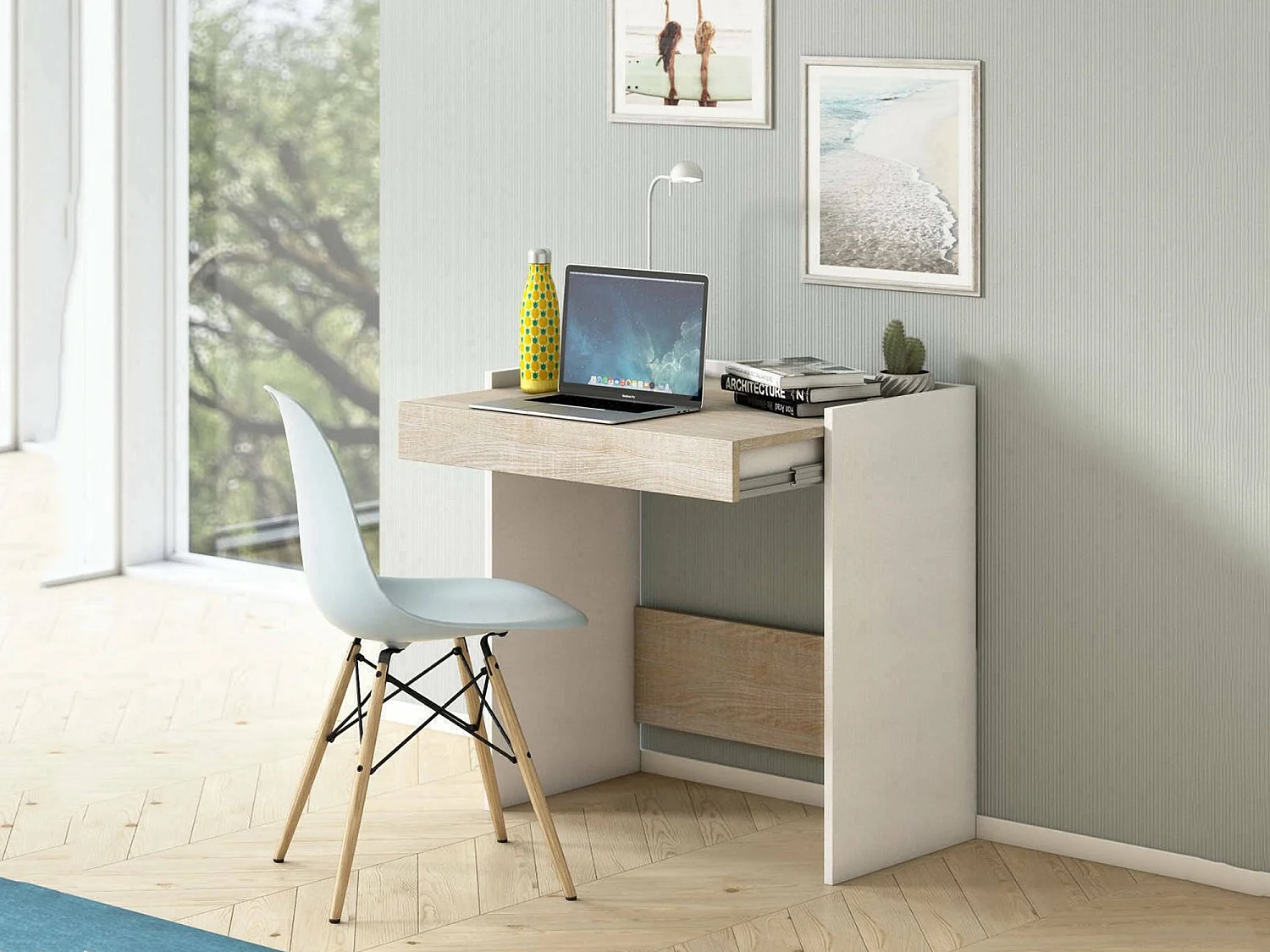 Dbeltra bureau, Modern bureau met lade, Studeer- of kantoortafel voor pc-boekhouder, 100% Made in Italy, 80x40h79 cm, Wit en eiken