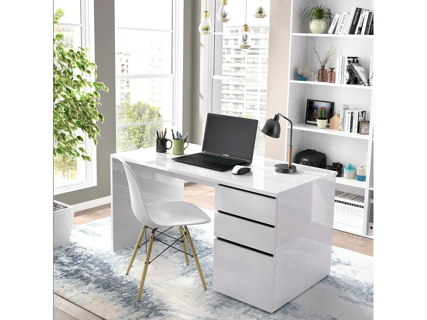 Bureau Dgabbi, Bureau polyvalent pour le bureau ou la chambre, Table d'étude linéaire avec 2 tiroirs et 1 porte, 139x60h75 cm, Blanc