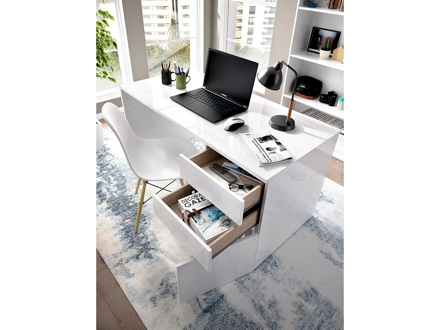 Secretária Dgabbi, Secretária multiusos para escritório ou quarto, Mesa de estudo linear com 2 gavetas e 1 porta, 139x60h75 cm, Branco