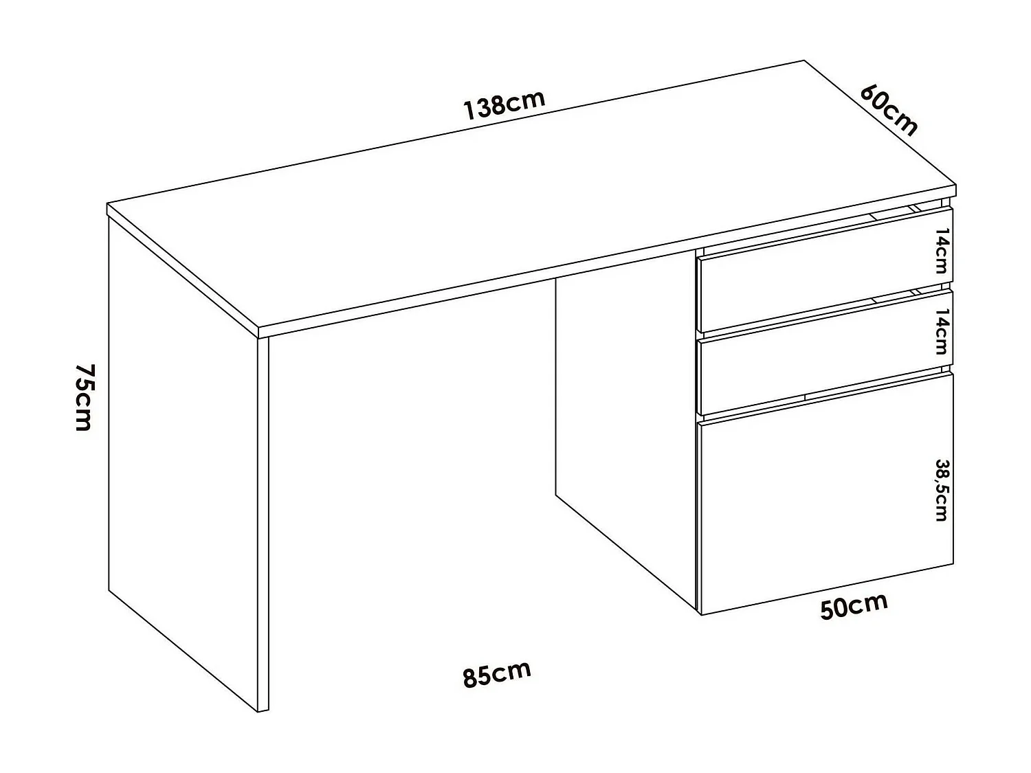 Dgabbi Bureau, Multifunctioneel bureau voor kantoor of slaapkamer, Lineaire studeertafel met 2 laden en 1 deur, 139x60h75 cm, Wit