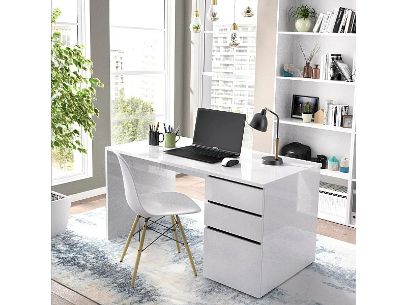 Escritorio Dgabbi, Escritorio multiusos para oficina o dormitorio, Mesa de estudio lineal con 2 cajones y 1 puerta, 139x60h75 cm, Blanco