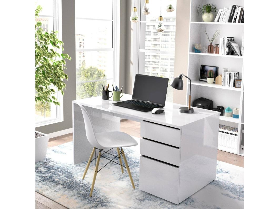 Secretária Dgabbi, Secretária multiusos para escritório ou quarto, Mesa de estudo linear com 2 gavetas e 1 porta, 139x60h75 cm, Branco