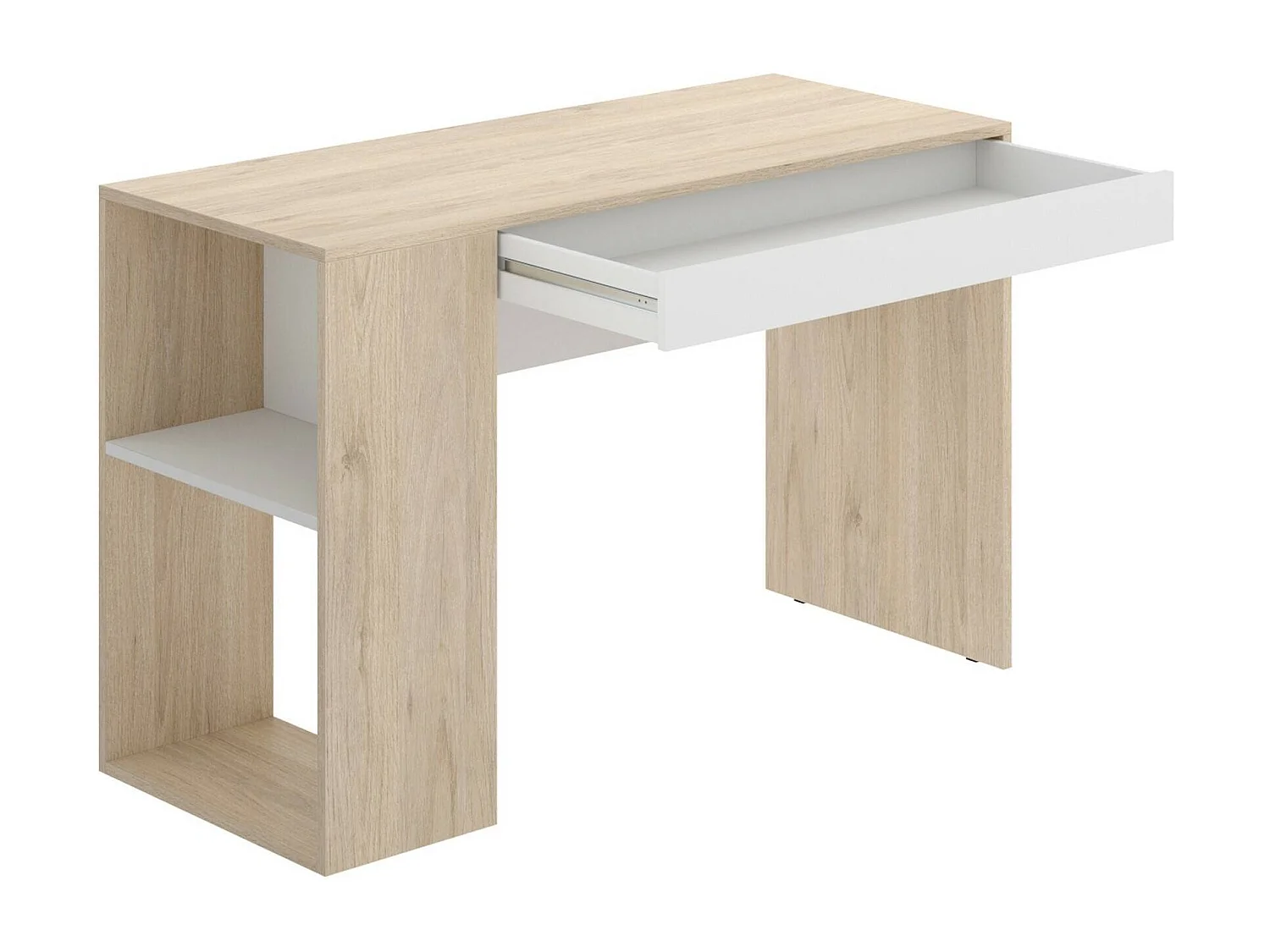 Schreibtisch Dfalc, Mehrzweckschreibtisch für Büro oder Schlafzimmer, linearer Arbeitstisch mit Regalen, 115 x 50 x 74 cm, Eiche und WeiÃŸ