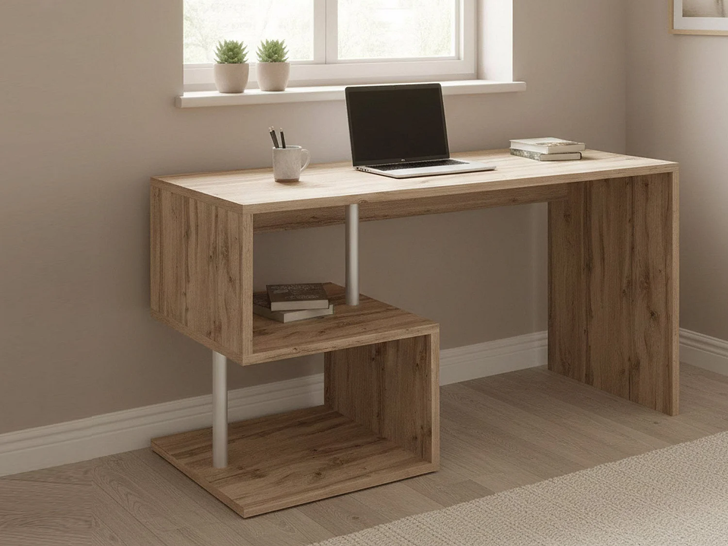 Dmorisc bureau, Lineair pc-bureau, multifunctionele kantoortafel, ruimtebesparend bureau met meerdere posities, 100% gemaakt in Italië, 140x60h78 cm, eiken