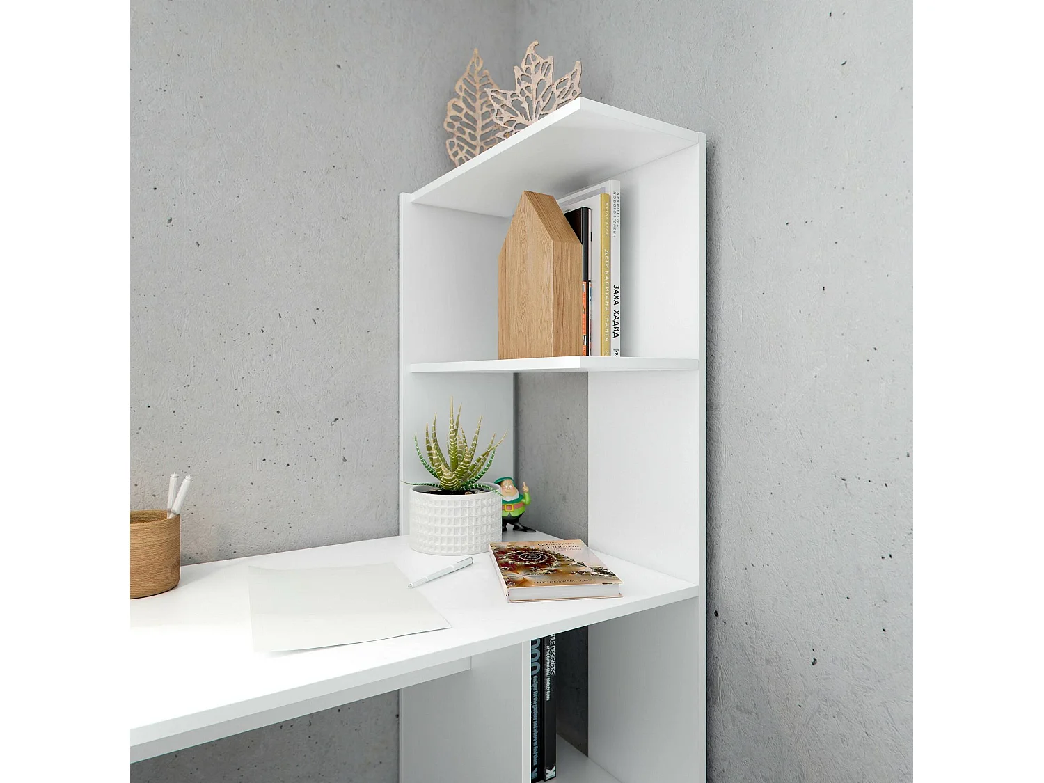 Bureau Dlup, Bureau linéaire avec bibliothèque, Table de bureau polyvalente peu encombrante, 110x50h136 cm, Blanc