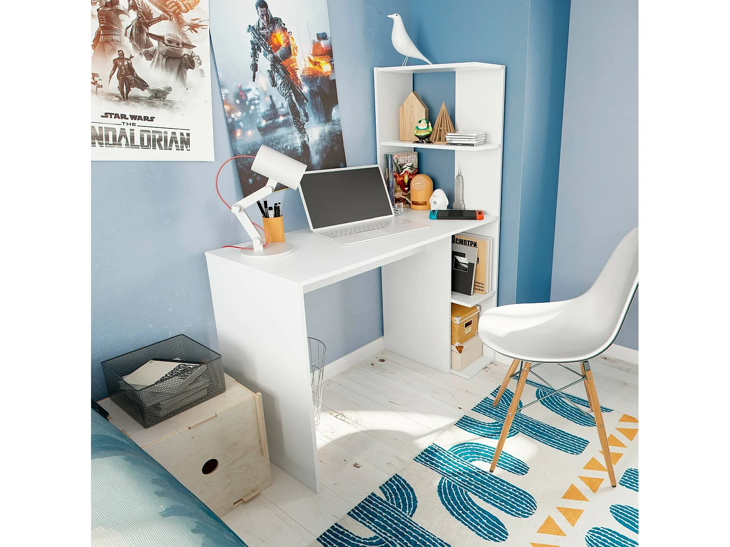 Schreibtisch Dlup, linearer Schreibtisch mit Bücherregal, platzsparender Mehrzweck-Bürotisch, 110 x 50 x 136 cm, WeiÃŸ