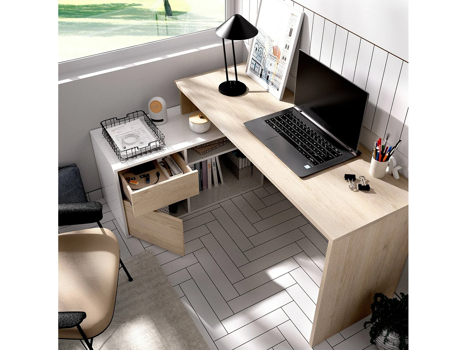 Bureau Ddiaw, Bureau multi-positions pour le bureau ou la chambre, Table d'étude d'angle polyvalente, 139x92h75 cm, Blanc et Chêne