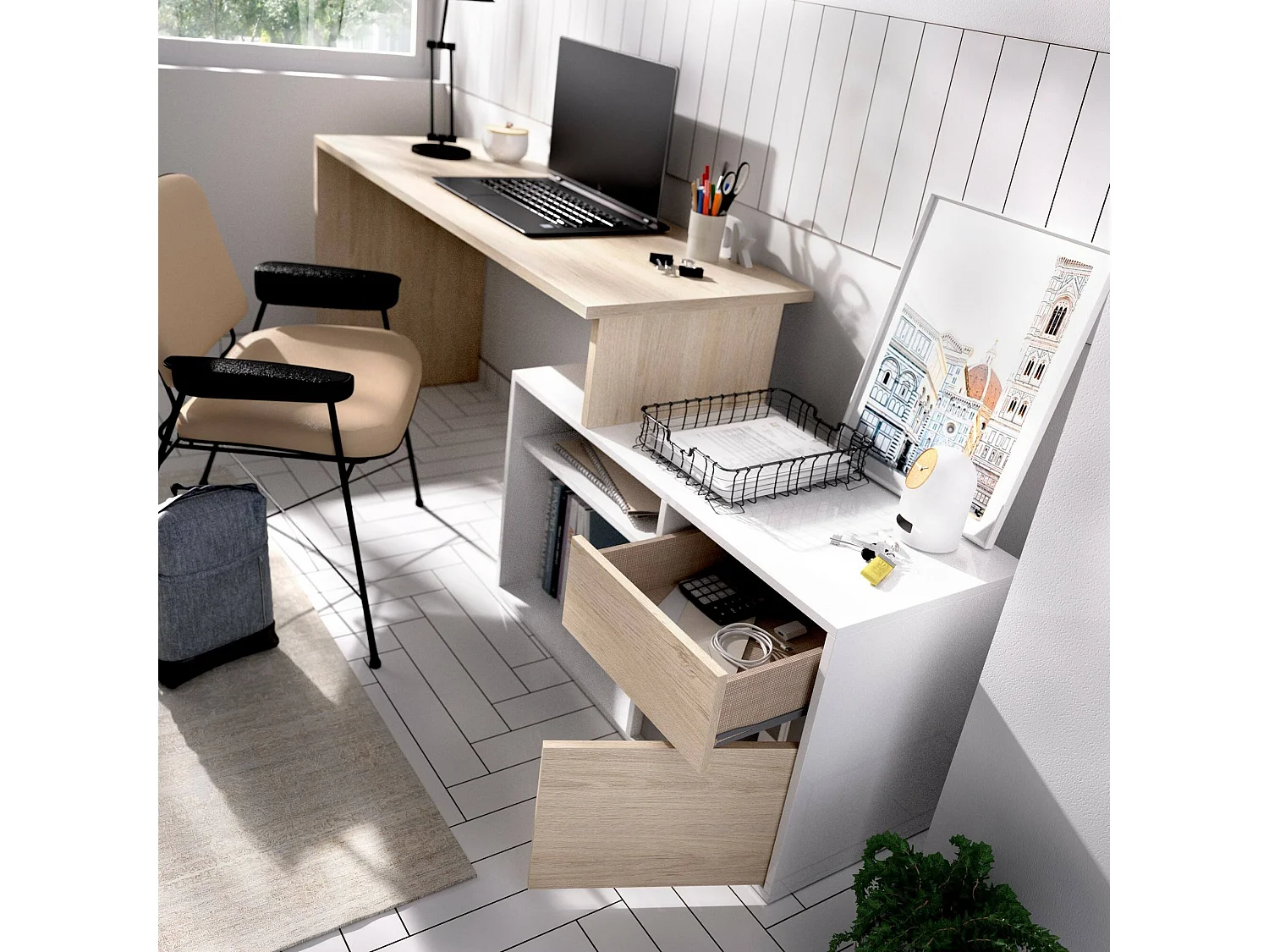 Bureau Ddiaw, Bureau multi-positions pour le bureau ou la chambre, Table d'étude d'angle polyvalente, 139x92h75 cm, Blanc et Chêne