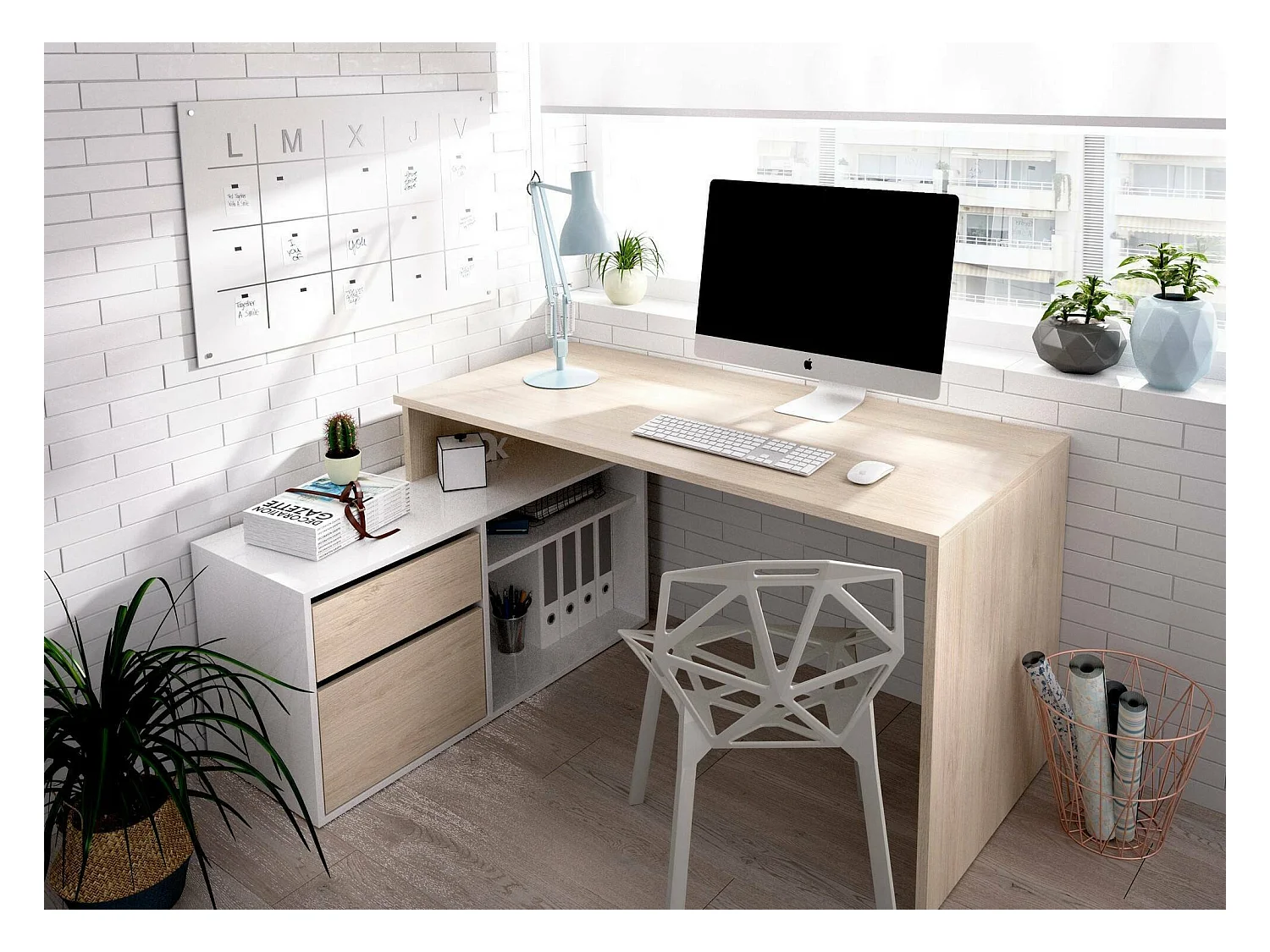 Bureau Ddiaw, Bureau multi-positions pour le bureau ou la chambre, Table d'étude d'angle polyvalente, 139x92h75 cm, Blanc et Chêne