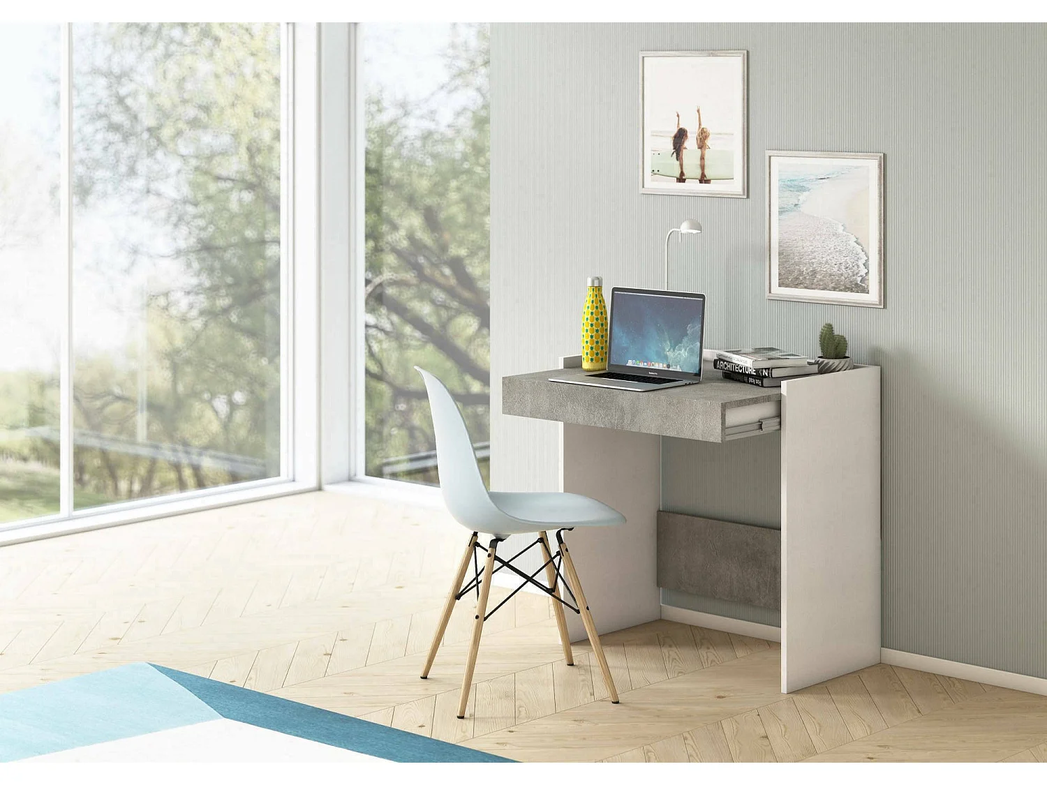 Secretária Dbeltra, Secretária moderna com gaveta, Mesa de estudo ou escritório, Porta-livros para PC, 100% Fabricado em Itália, 80x40h79 cm, Branco e Cimento