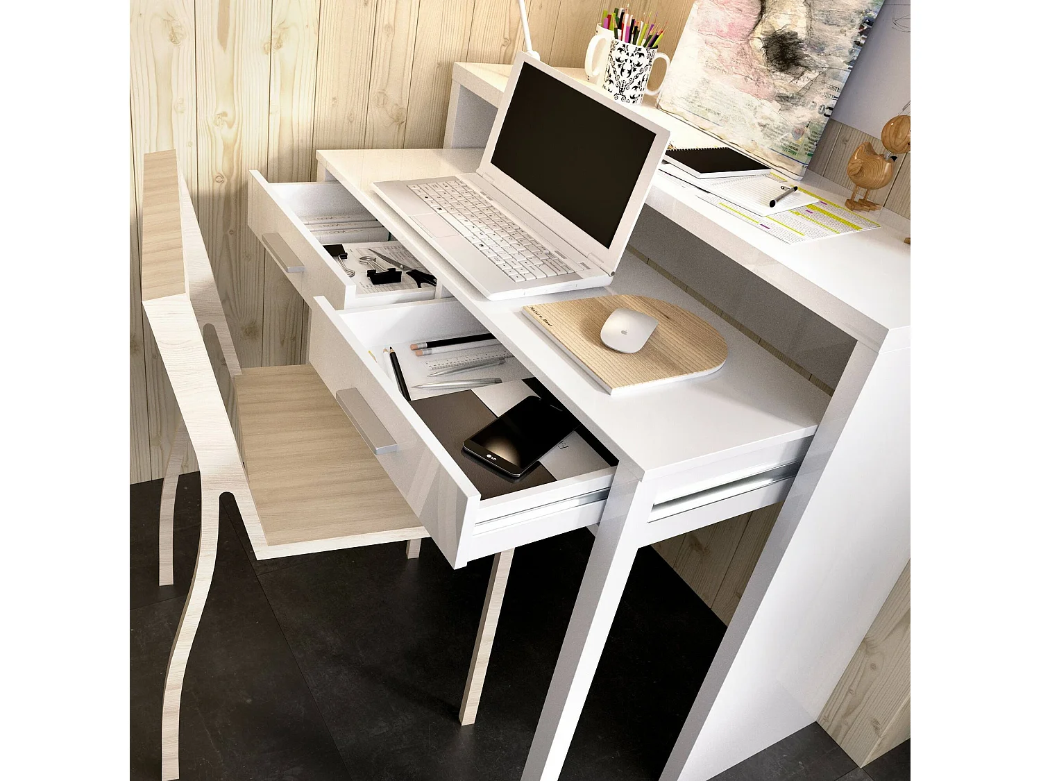 Bureau Dghelle, Bureau multi-positions avec plateau extractible, Console d'étude linéaire avec 2 tiroirs, 99x70h88 cm, Blanc