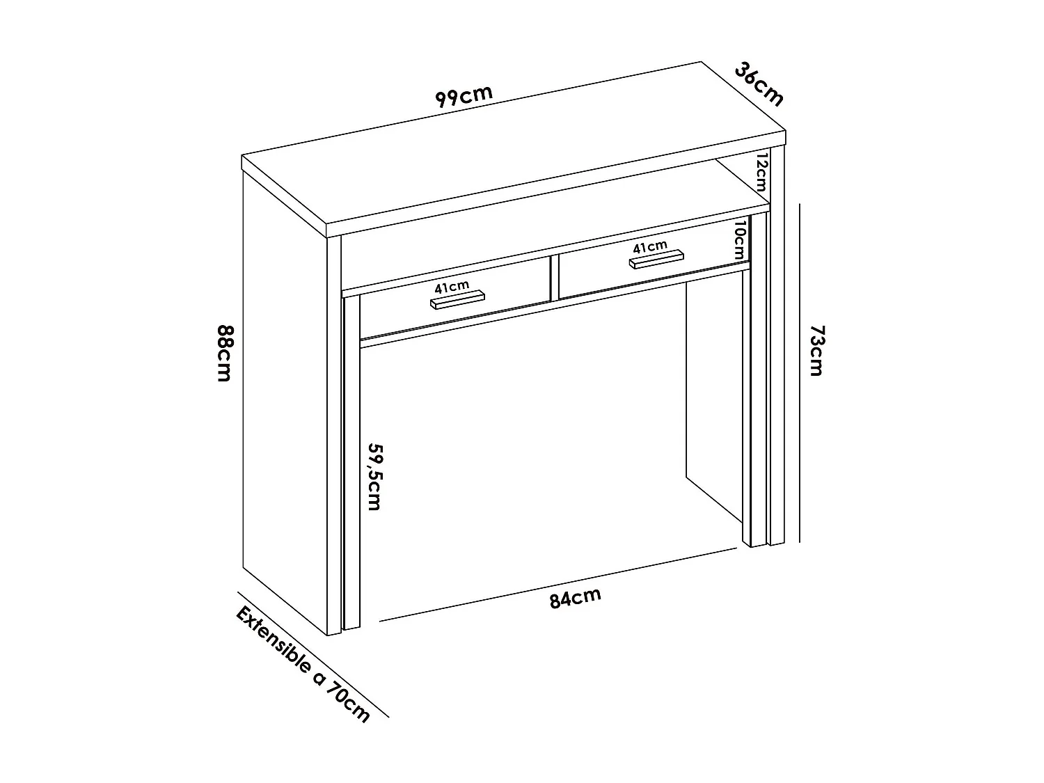 Bureau Dghelle, Bureau multi-positions avec plateau extractible, Console d'étude linéaire avec 2 tiroirs, 99x70h88 cm, Blanc