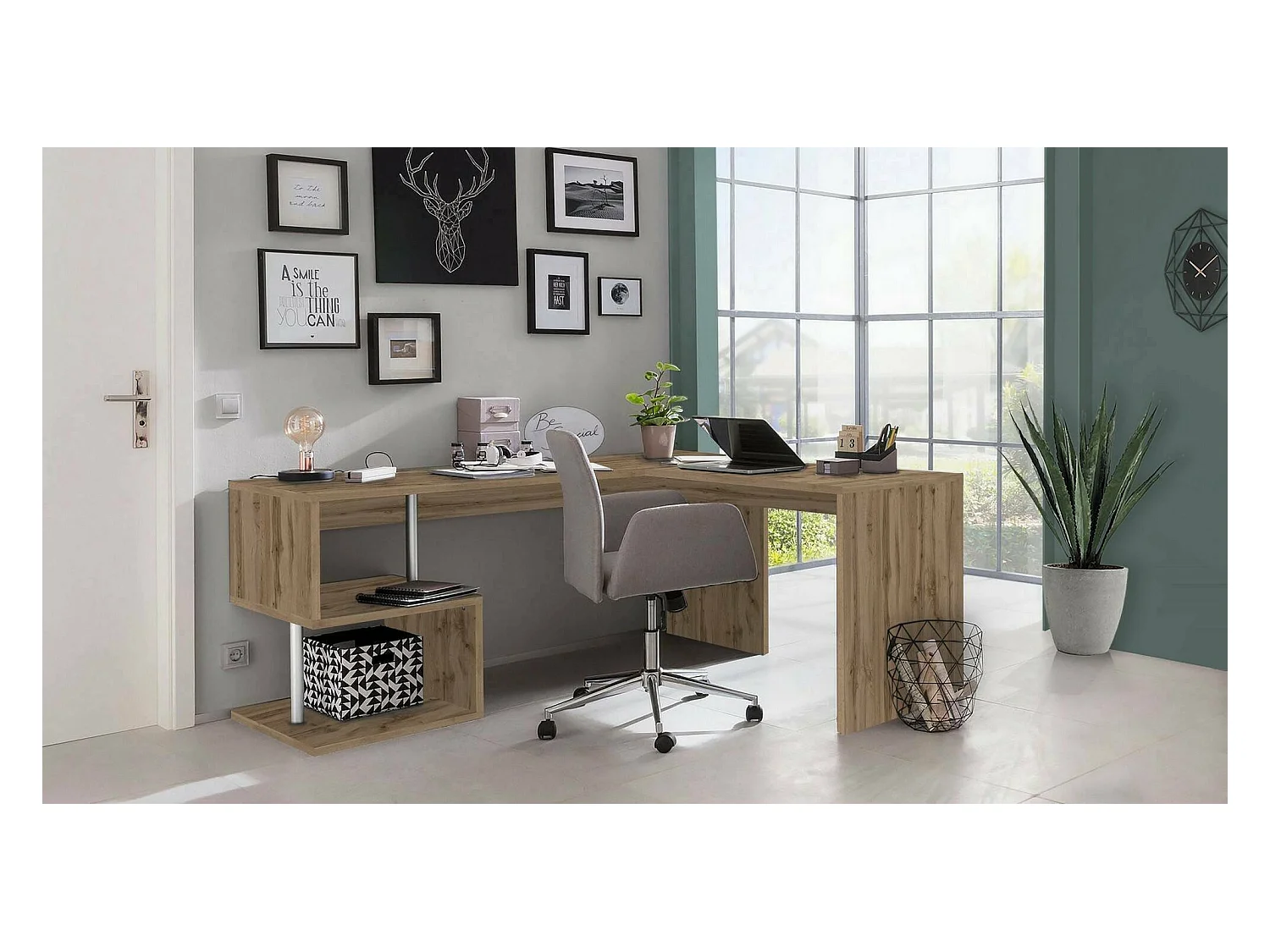 Bureau Dmassaro, Bureau d'angle PC, Table de bureau polyvalente, Bureau gain de place multi-positions, 100% Made in Italy, 160x60h78 cm, Chêne