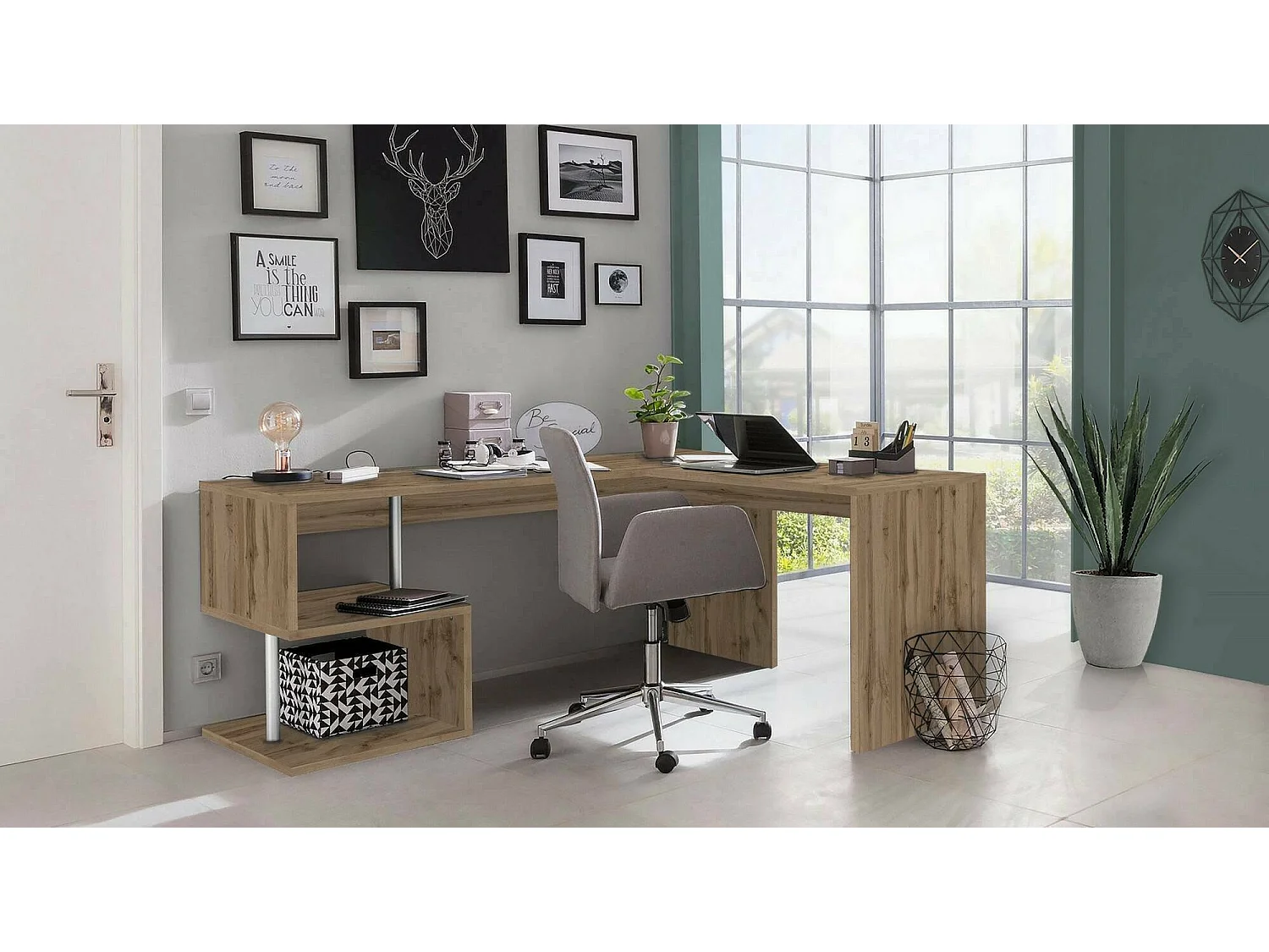 Bureau Dmassaro, Bureau d'angle PC, Table de bureau polyvalente, Bureau gain de place multi-positions, 100% Made in Italy, 160x60h78 cm, Chêne