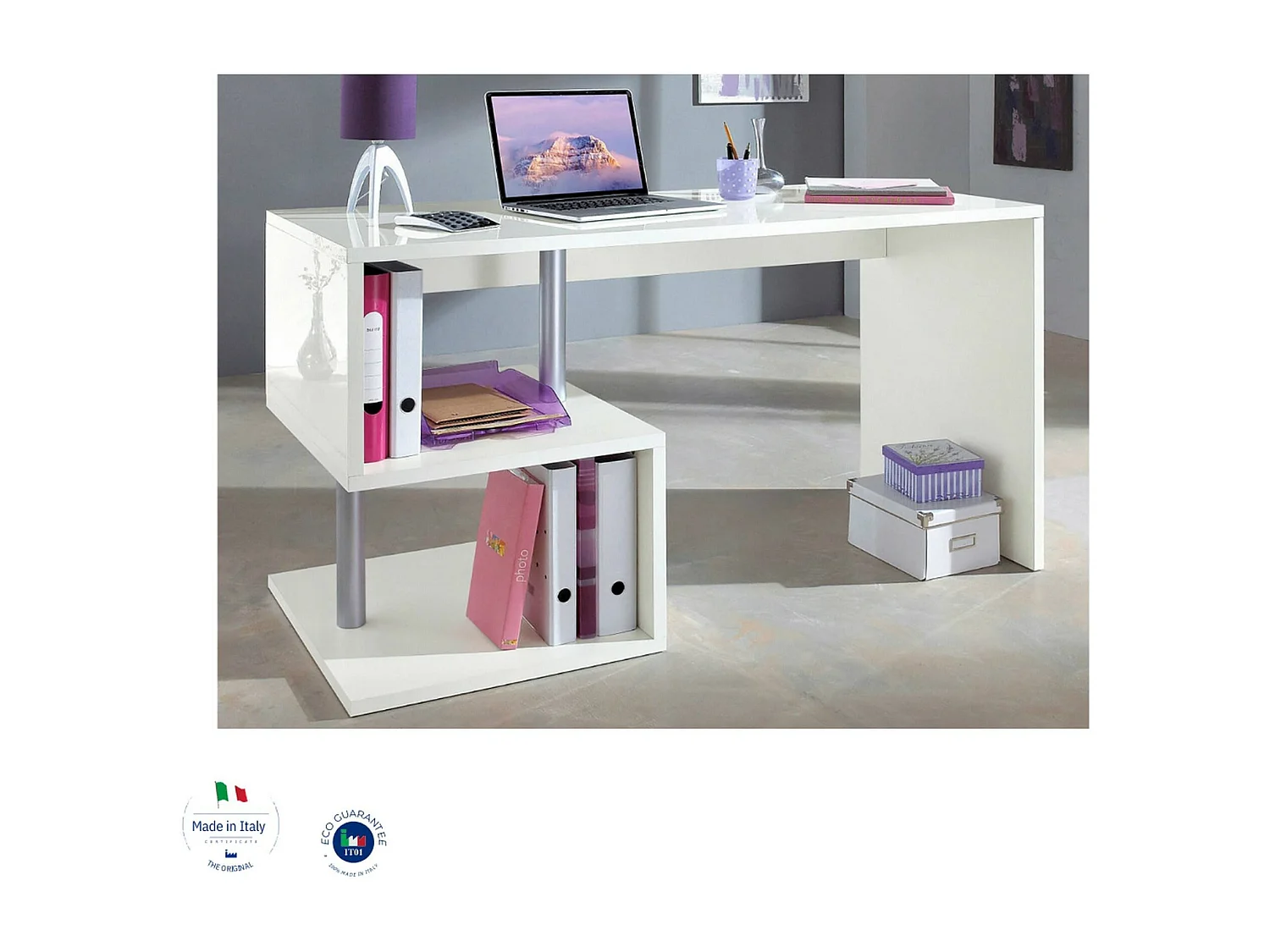 Bureau Dmorisc, Bureau PC Linéaire, Table de bureau polyvalente, Bureau gain de place multi-positions, 100% Made in Italy, 140x60h78 cm, Blanc brillant